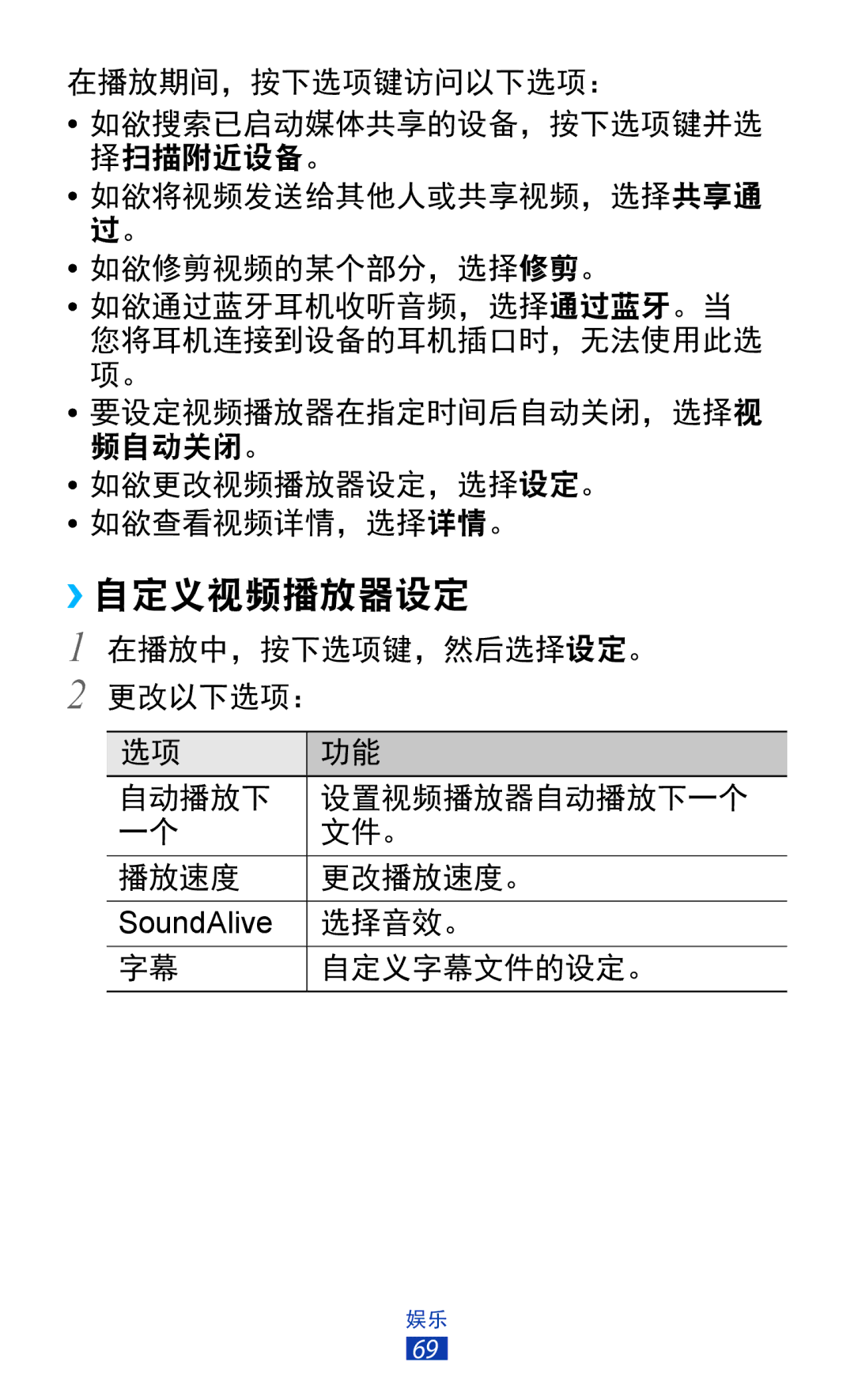 Samsung GT-S7560ZKAXXV, GT-S7560UWAXXV manual ››自定义视频播放器设定 