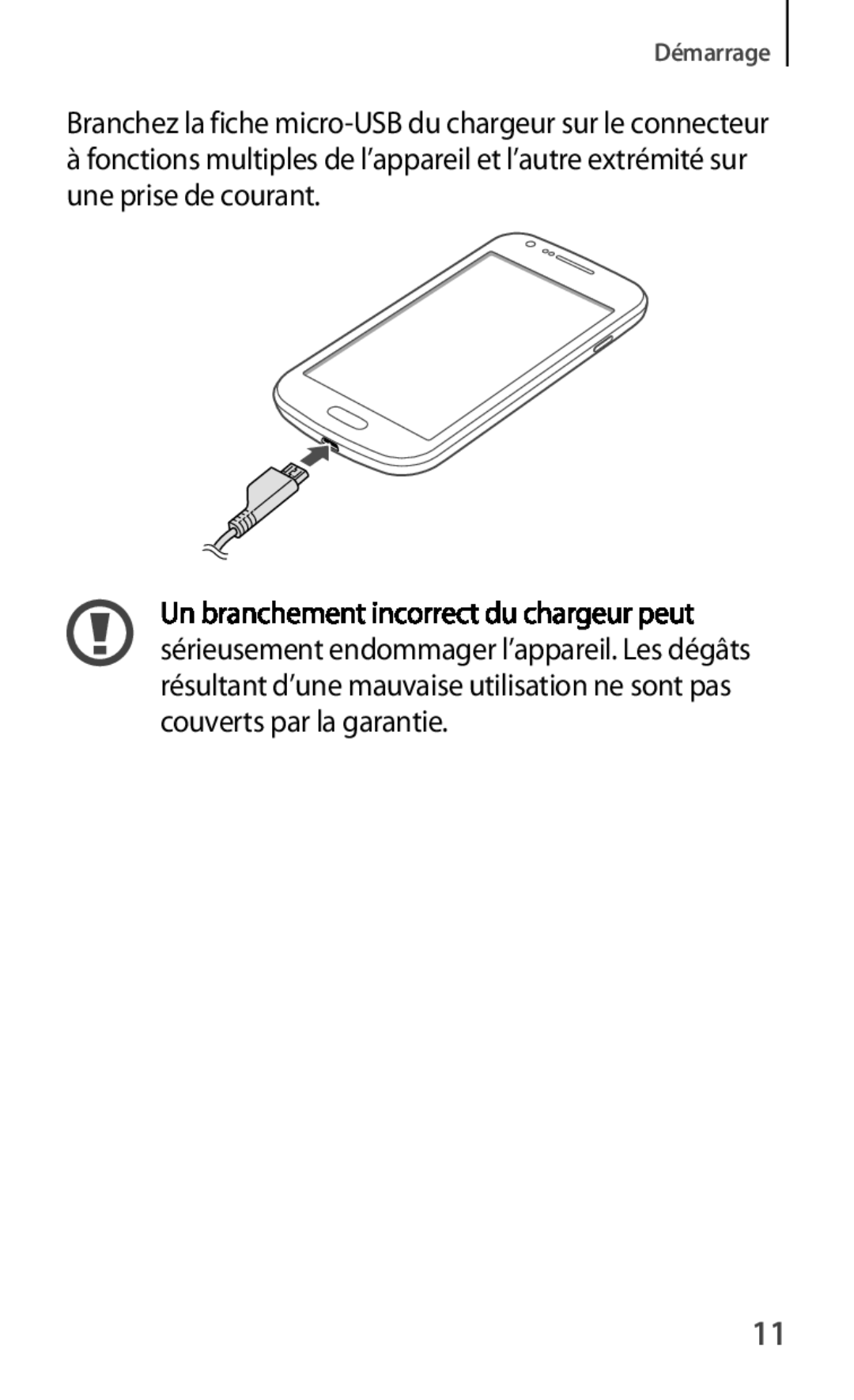 Samsung GT-S7560UWASFR, GT-S7560ZKALPM, GT-S7560UWABOG manual Branchez la fiche micro-USB du chargeur sur le connecteur 