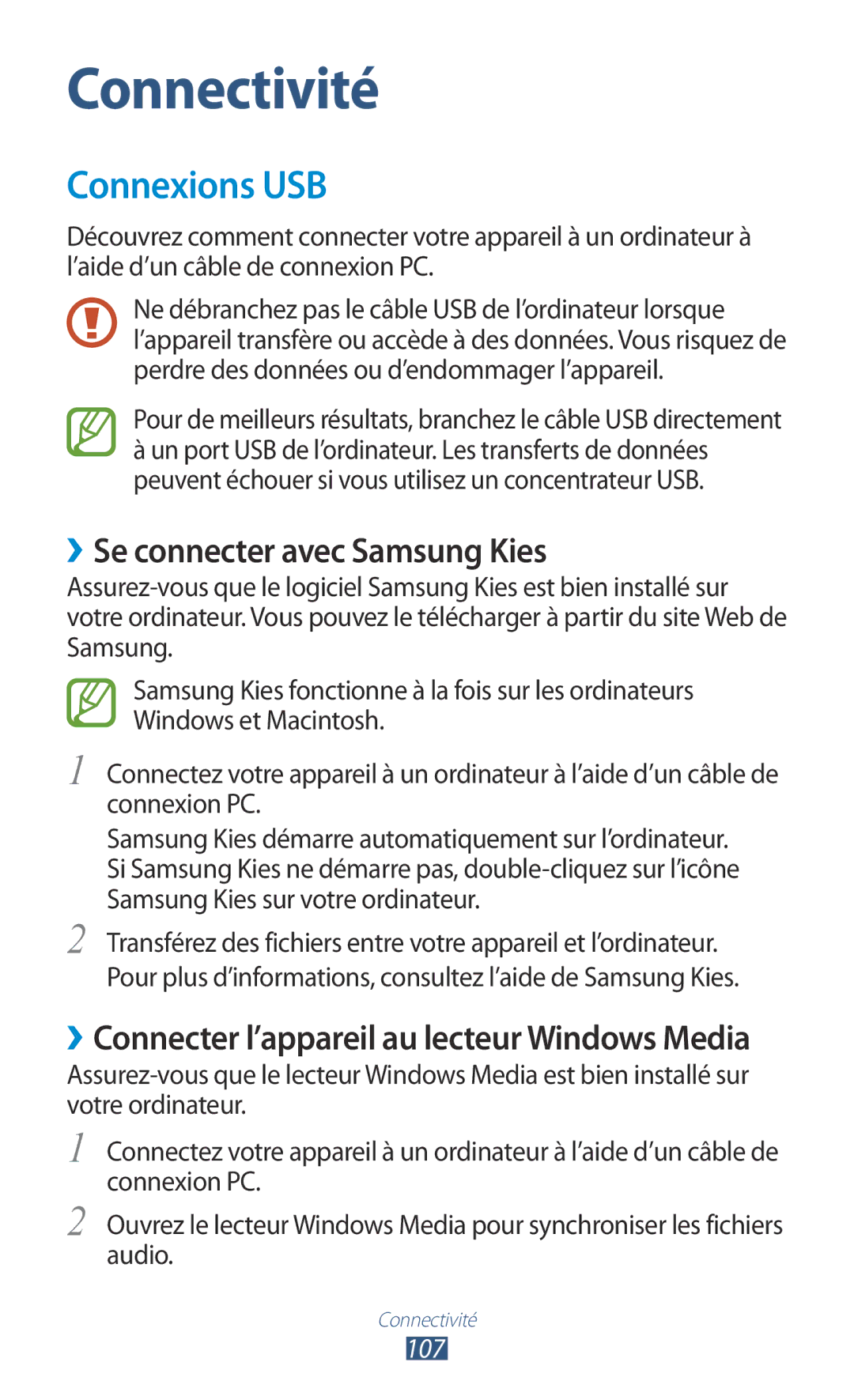 Samsung GT-S7560ZKASFR, GT-S7560ZKALPM, GT-S7560UWABOG, GT-S7560UWASFR Connexions USB, ››Se connecter avec Samsung Kies, 107 