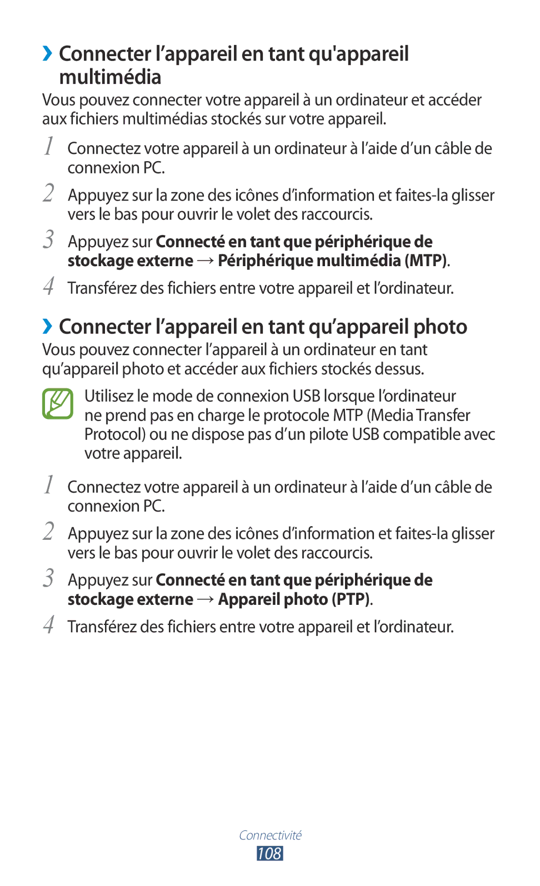 Samsung GT-S7560ZKALPM, GT-S7560UWABOG, GT-S7560UWASFR manual ››Connecter l’appareil en tant quappareil multimédia, 108 