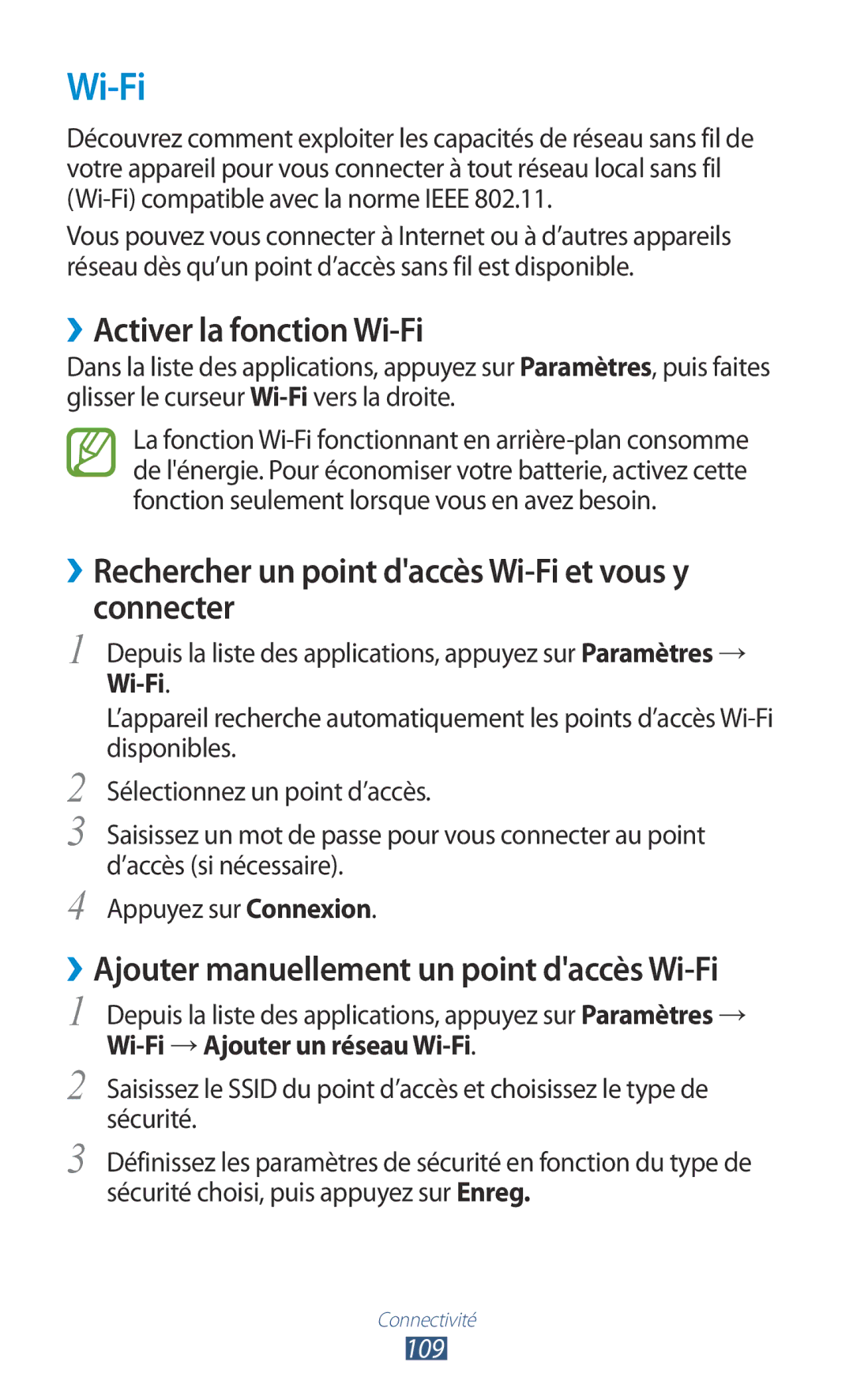 Samsung GT-S7560UWABOG manual ››Activer la fonction Wi-Fi, ››Rechercher un point daccès Wi-Fi et vous y connecter 