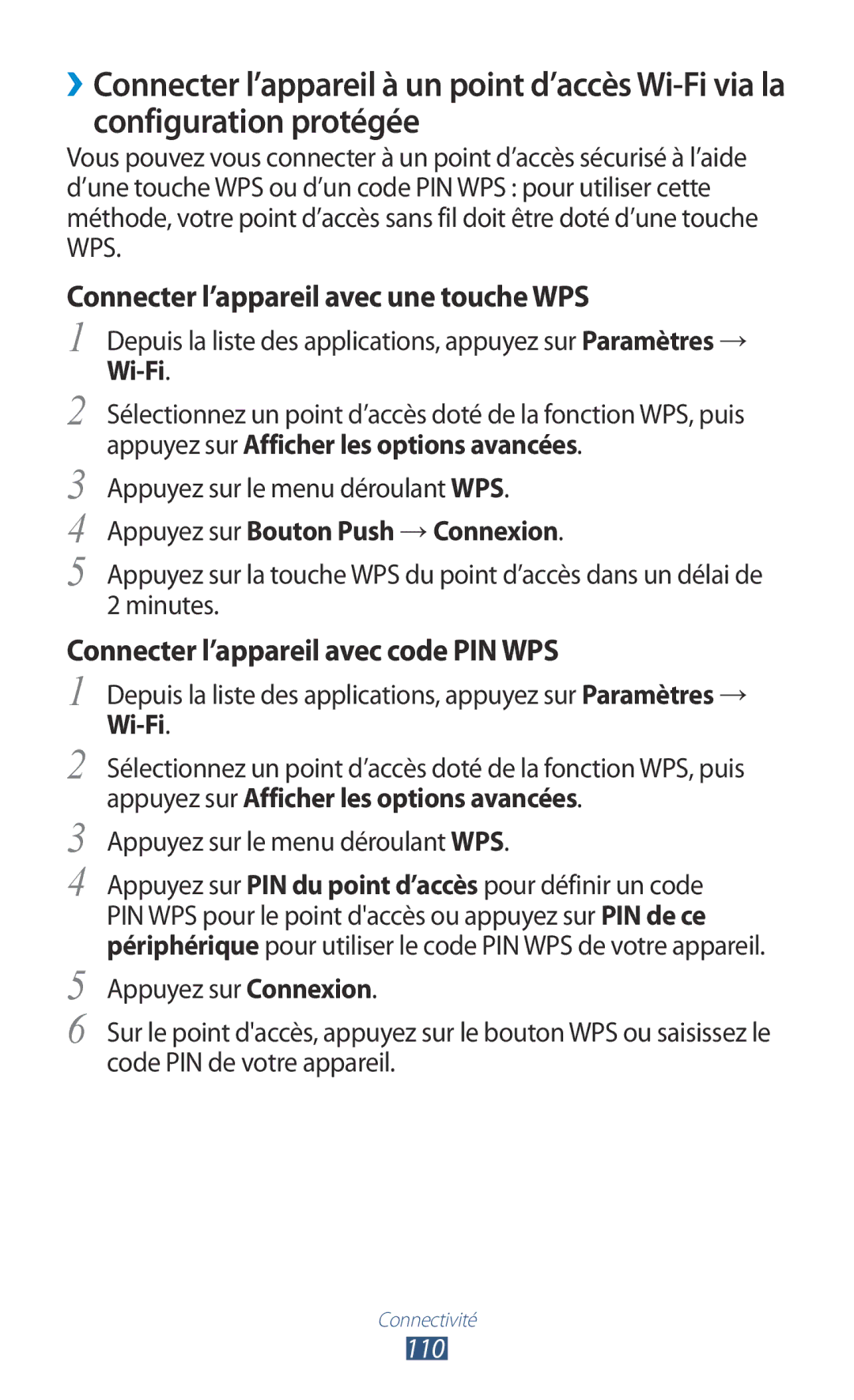 Samsung GT-S7560UWASFR, GT-S7560ZKALPM, GT-S7560UWABOG, GT-S7560ZKAFTM, GT-S7560UWAXEF Appuyez sur le menu déroulant WPS, 110 