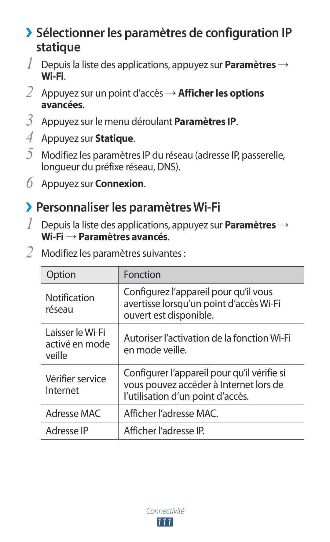 Samsung GT-S7560ZKAFTM, GT-S7560ZKALPM, GT-S7560UWABOG, GT-S7560UWASFR Statique, ››Personnaliser les paramètres Wi-Fi, 111 