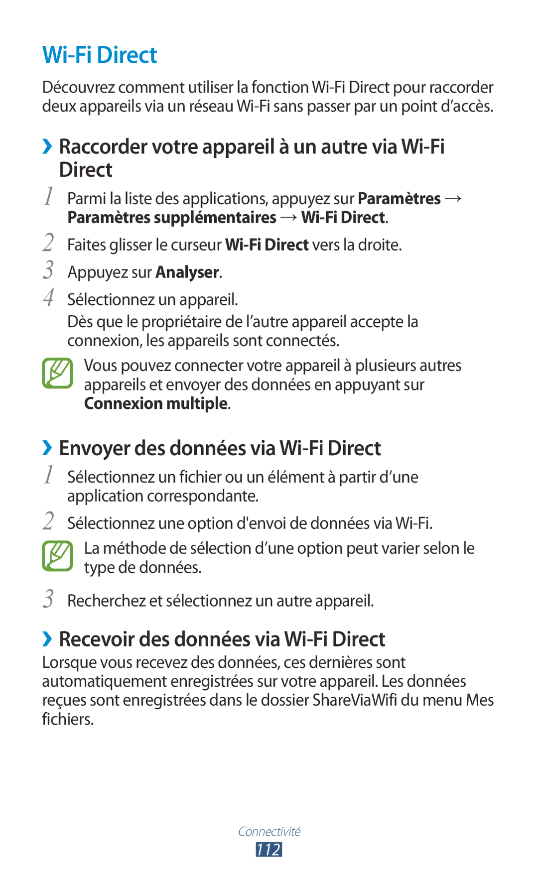 Samsung GT-S7560UWAXEF ››Raccorder votre appareil à un autre via Wi-Fi Direct, ››Envoyer des données via Wi-Fi Direct 