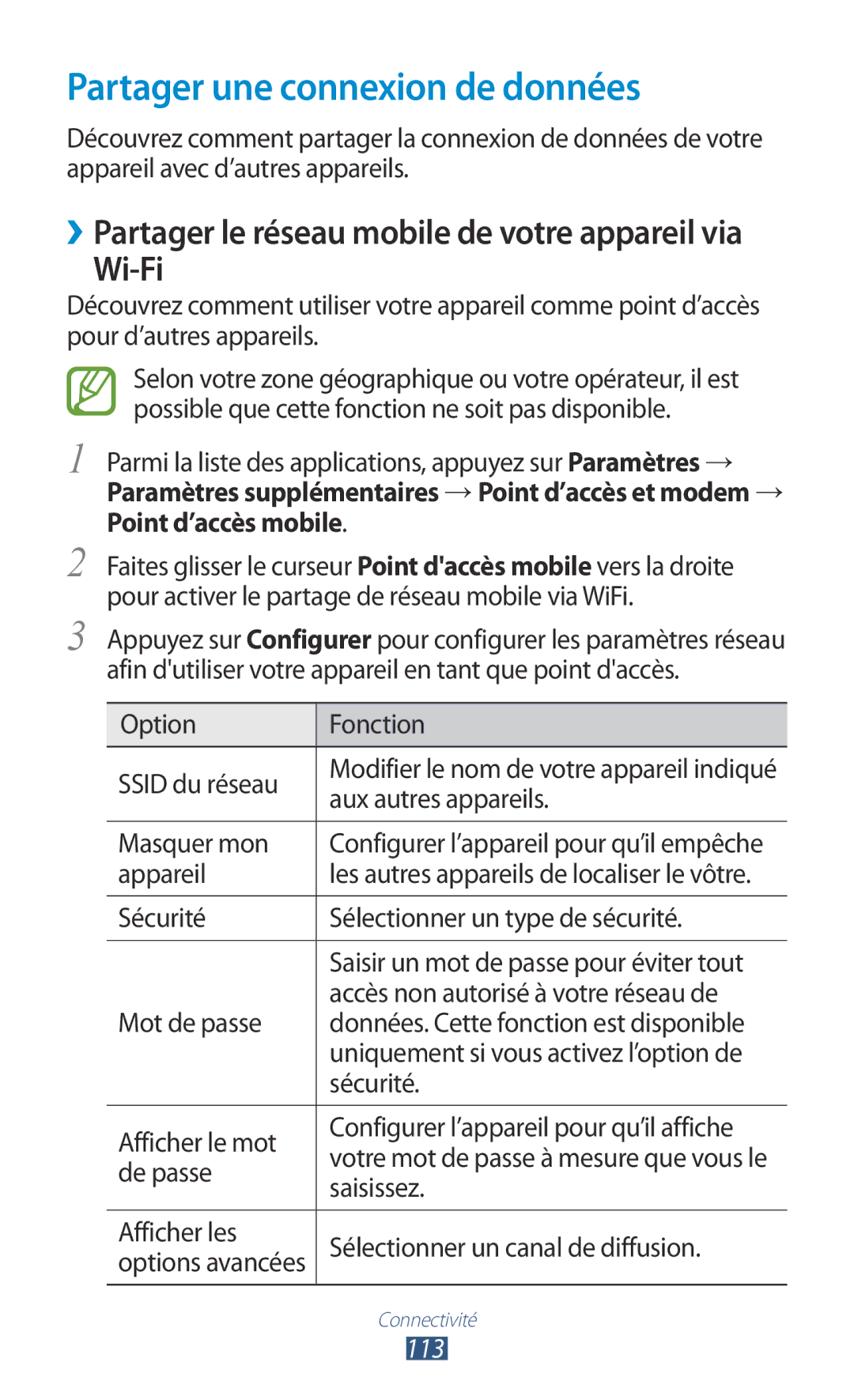 Samsung GT-S7560UWAFTM, GT-S7560ZKALPM, GT-S7560UWABOG, GT-S7560UWASFR manual Partager une connexion de données, Wi-Fi, 113 