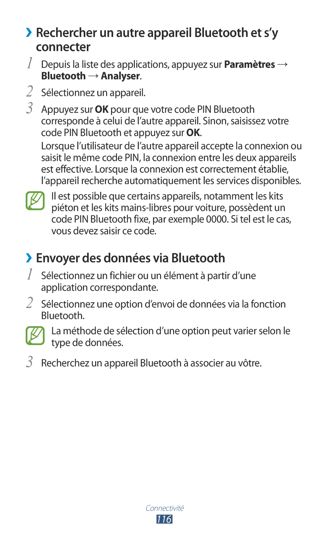 Samsung GT-S7560ZKASFR ››Rechercher un autre appareil Bluetooth et s’y connecter, ››Envoyer des données via Bluetooth, 116 