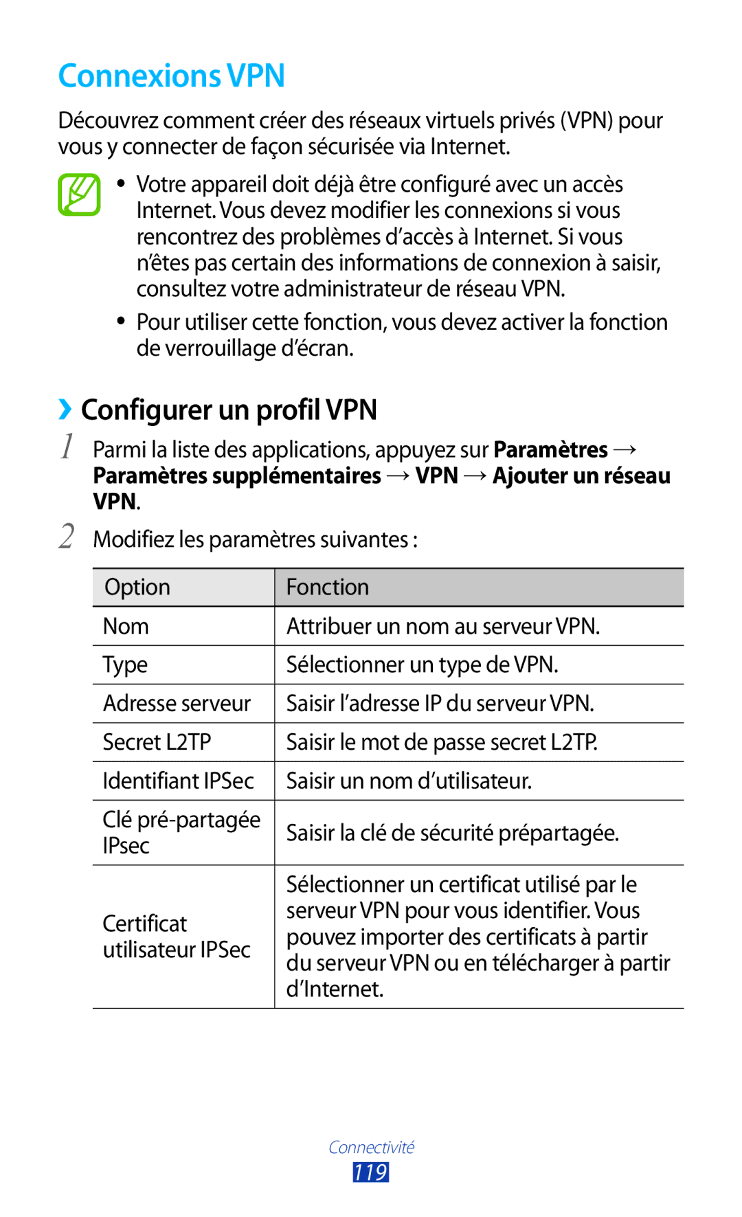 Samsung GT-S7560UWASFR, GT-S7560ZKALPM, GT-S7560UWABOG, GT-S7560ZKAFTM manual Connexions VPN, ››Configurer un profil VPN, 119 