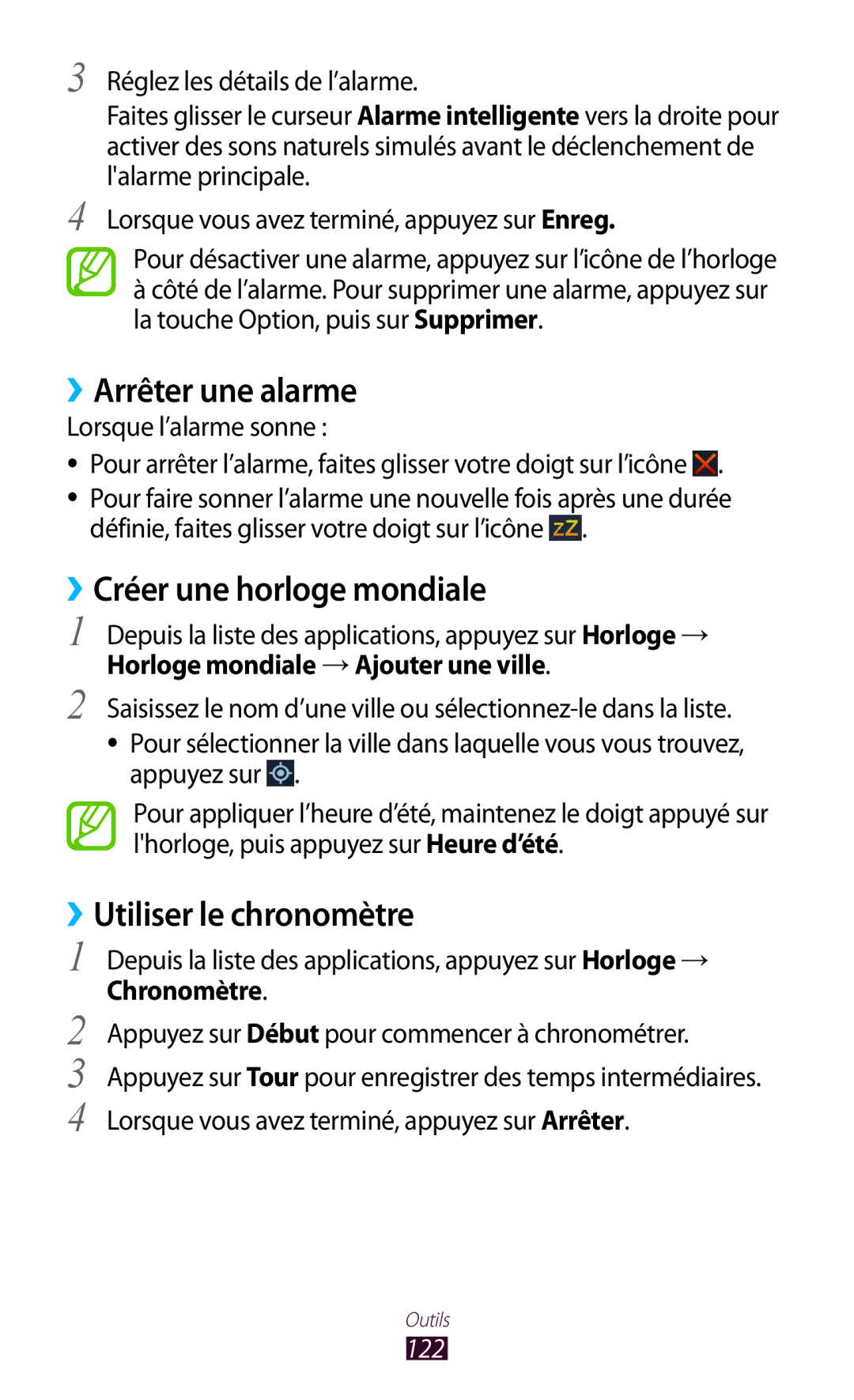 Samsung GT-S7560UWAFTM ››Arrêter une alarme, ››Créer une horloge mondiale, ››Utiliser le chronomètre, Chronomètre, 122 