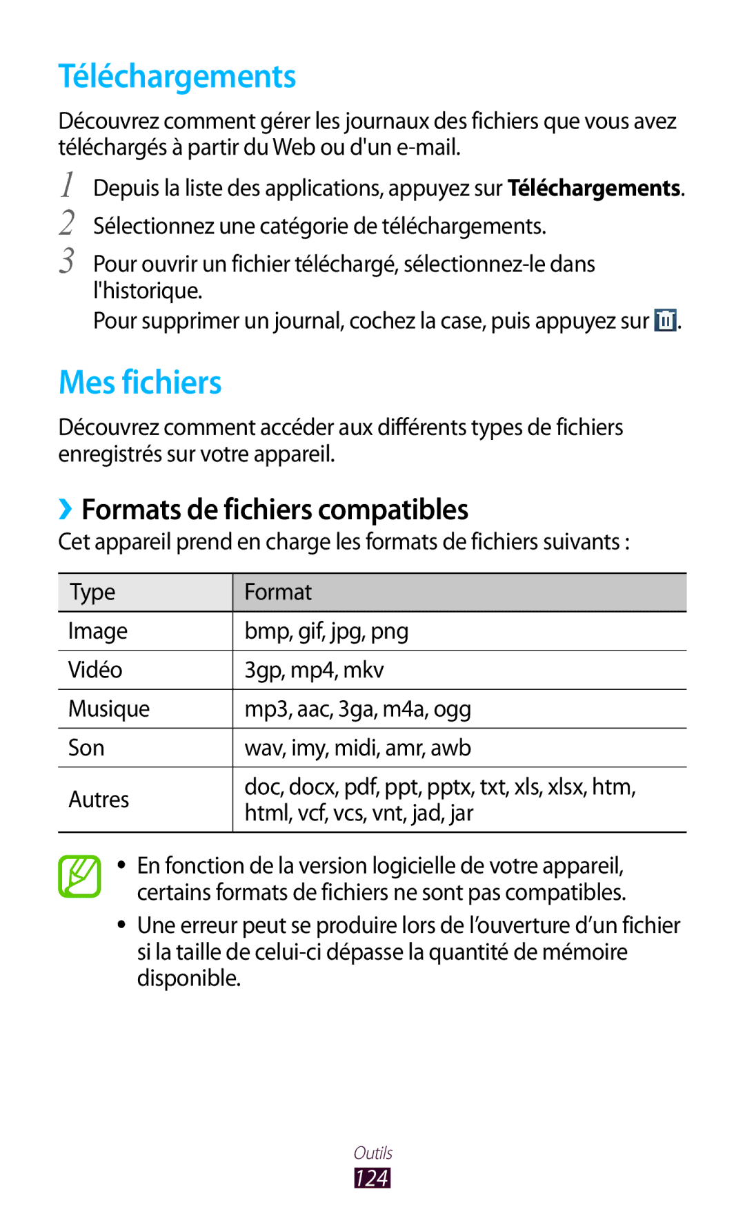 Samsung GT-S7560ZKAXEF, GT-S7560ZKALPM manual Téléchargements, Mes fichiers, ››Formats de fichiers compatibles, 124 