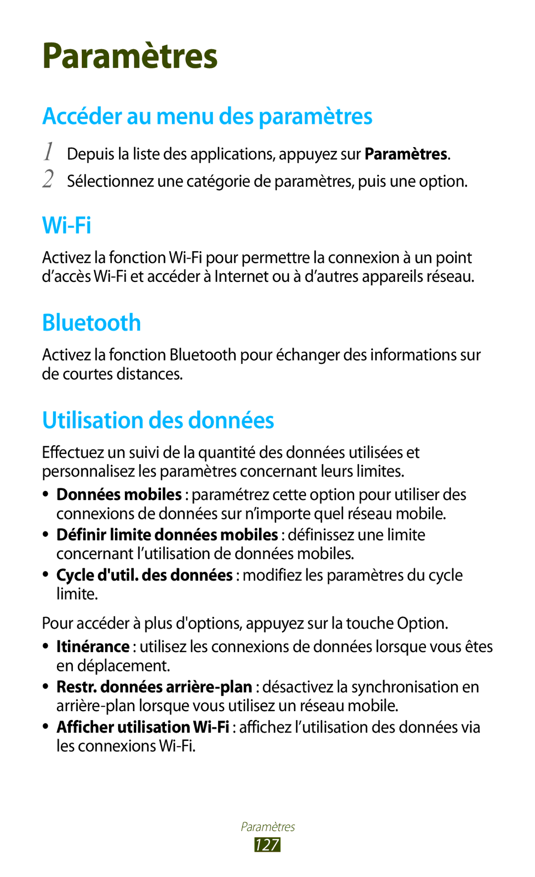 Samsung GT-S7560UWABOG, GT-S7560ZKALPM, GT-S7560UWASFR manual Accéder au menu des paramètres, Utilisation des données, 127 