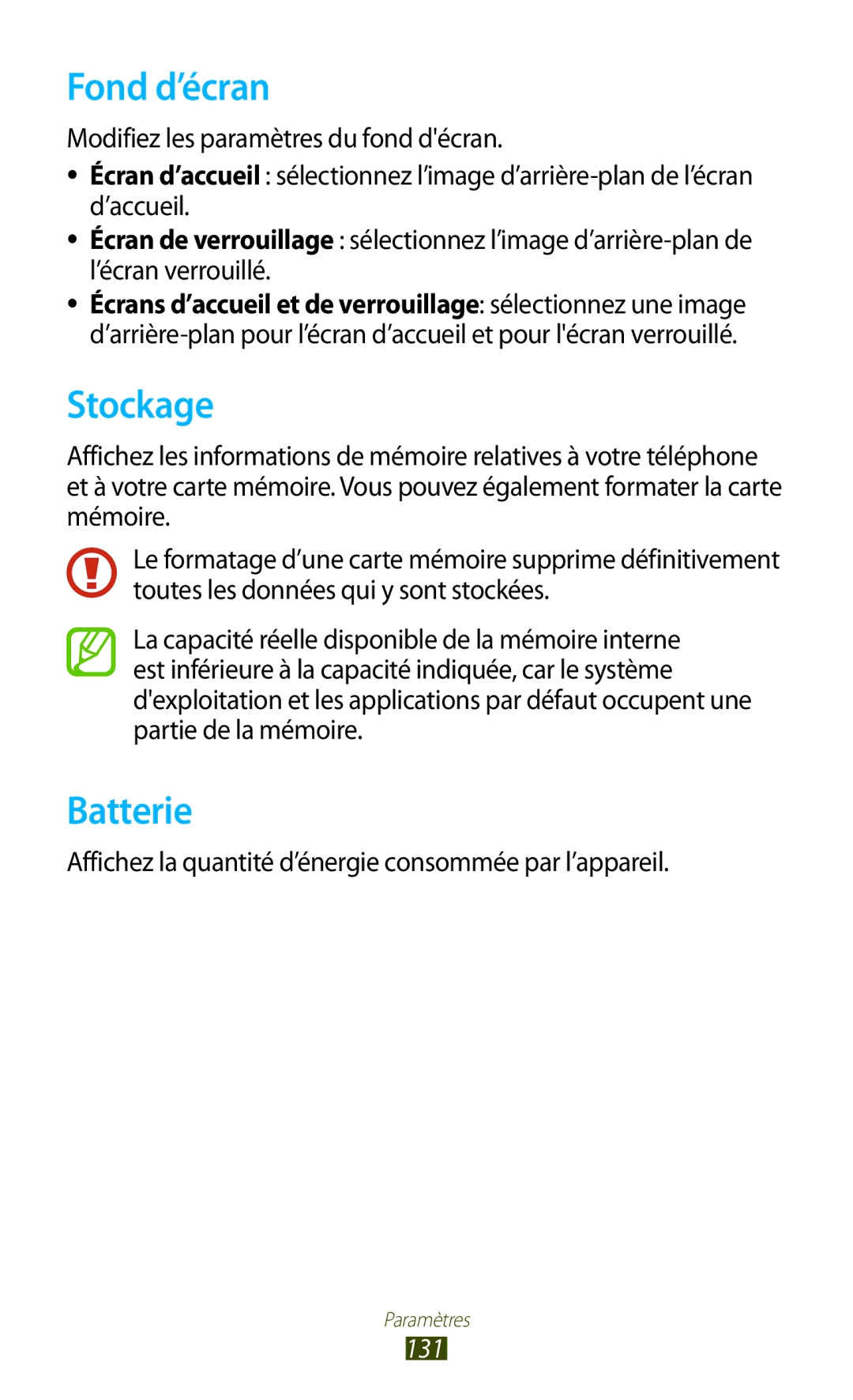 Samsung GT-S7560UWAFTM Fond d’écran, Stockage, Batterie, Affichez la quantité d’énergie consommée par l’appareil, 131 