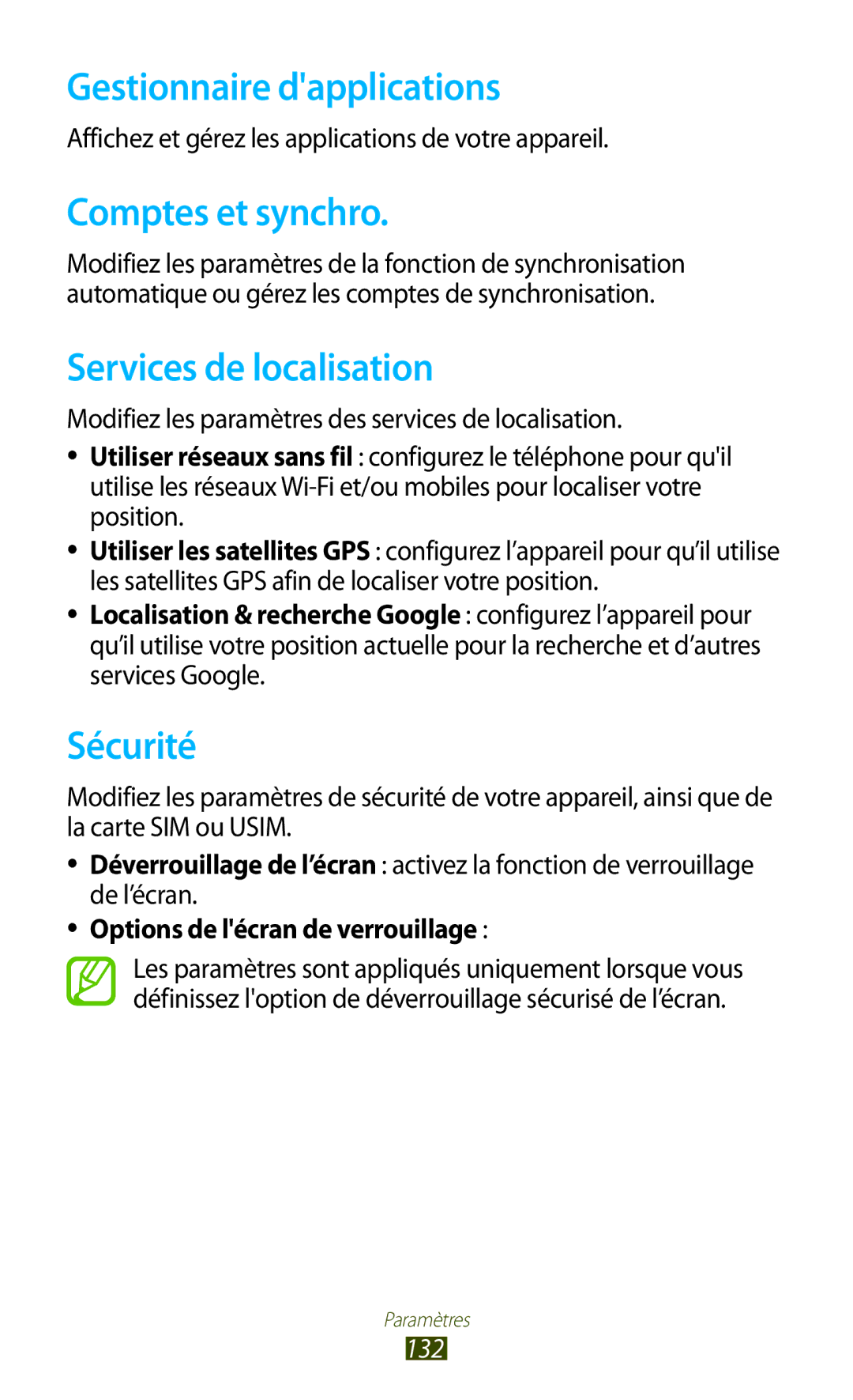 Samsung GT-S7560ZKABOG, GT-S7560ZKALPM Gestionnaire dapplications, Comptes et synchro, Services de localisation, Sécurité 