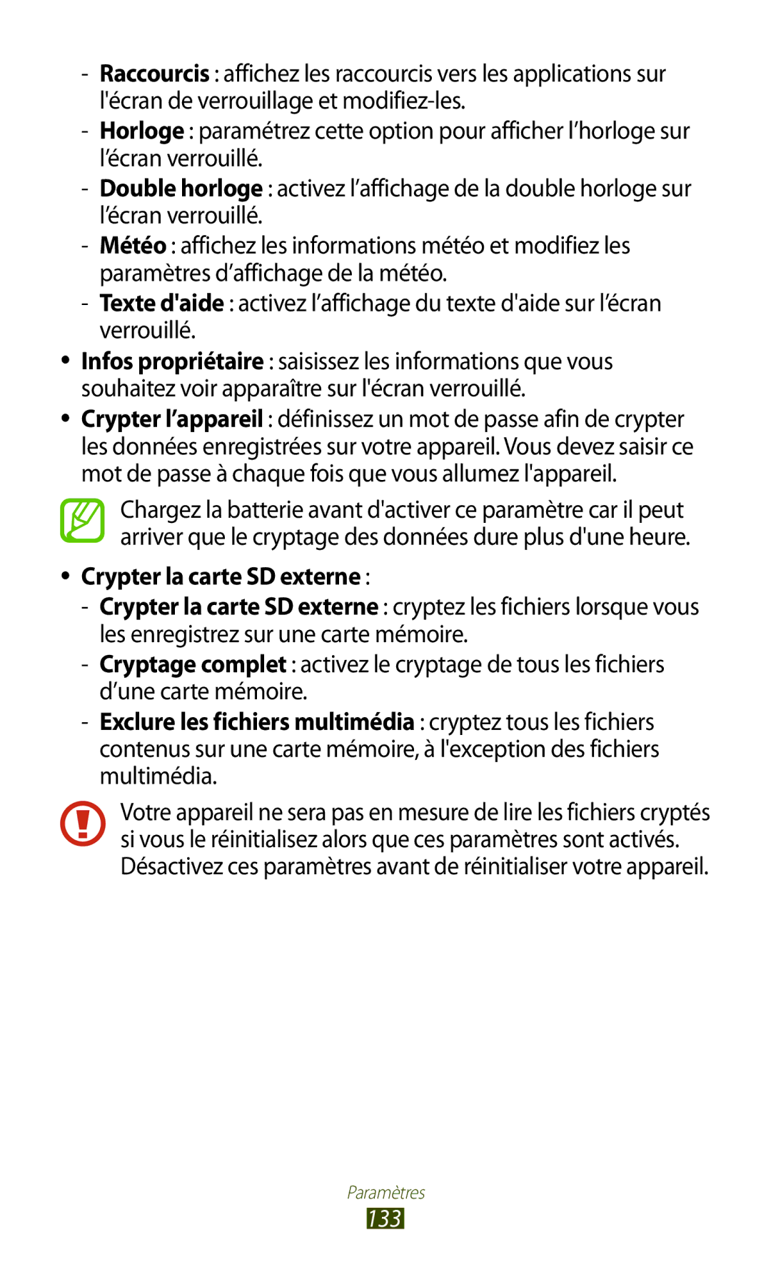 Samsung GT-S7560ZKAXEF, GT-S7560ZKALPM, GT-S7560UWABOG, GT-S7560UWASFR, GT-S7560ZKAFTM manual Crypter la carte SD externe, 133 