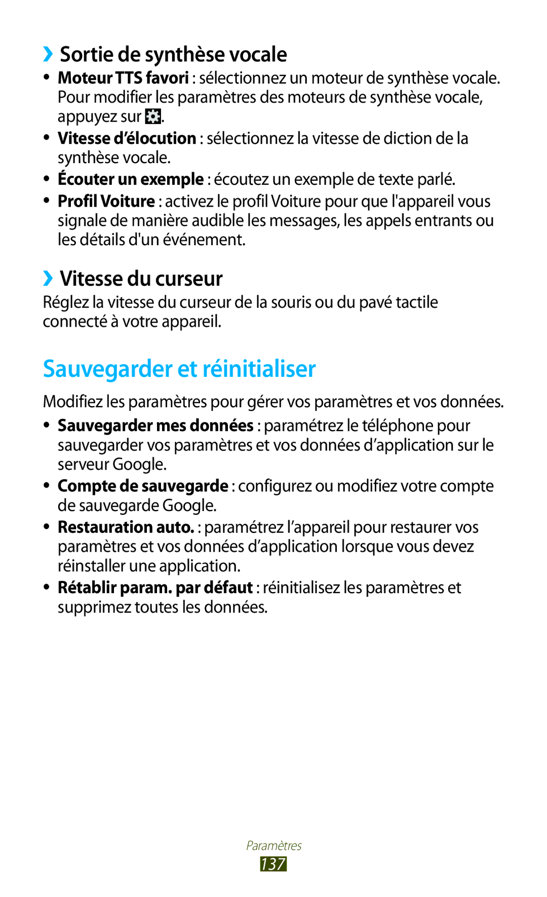 Samsung GT-S7560UWASFR manual Sauvegarder et réinitialiser, ››Sortie de synthèse vocale, ››Vitesse du curseur, 137 