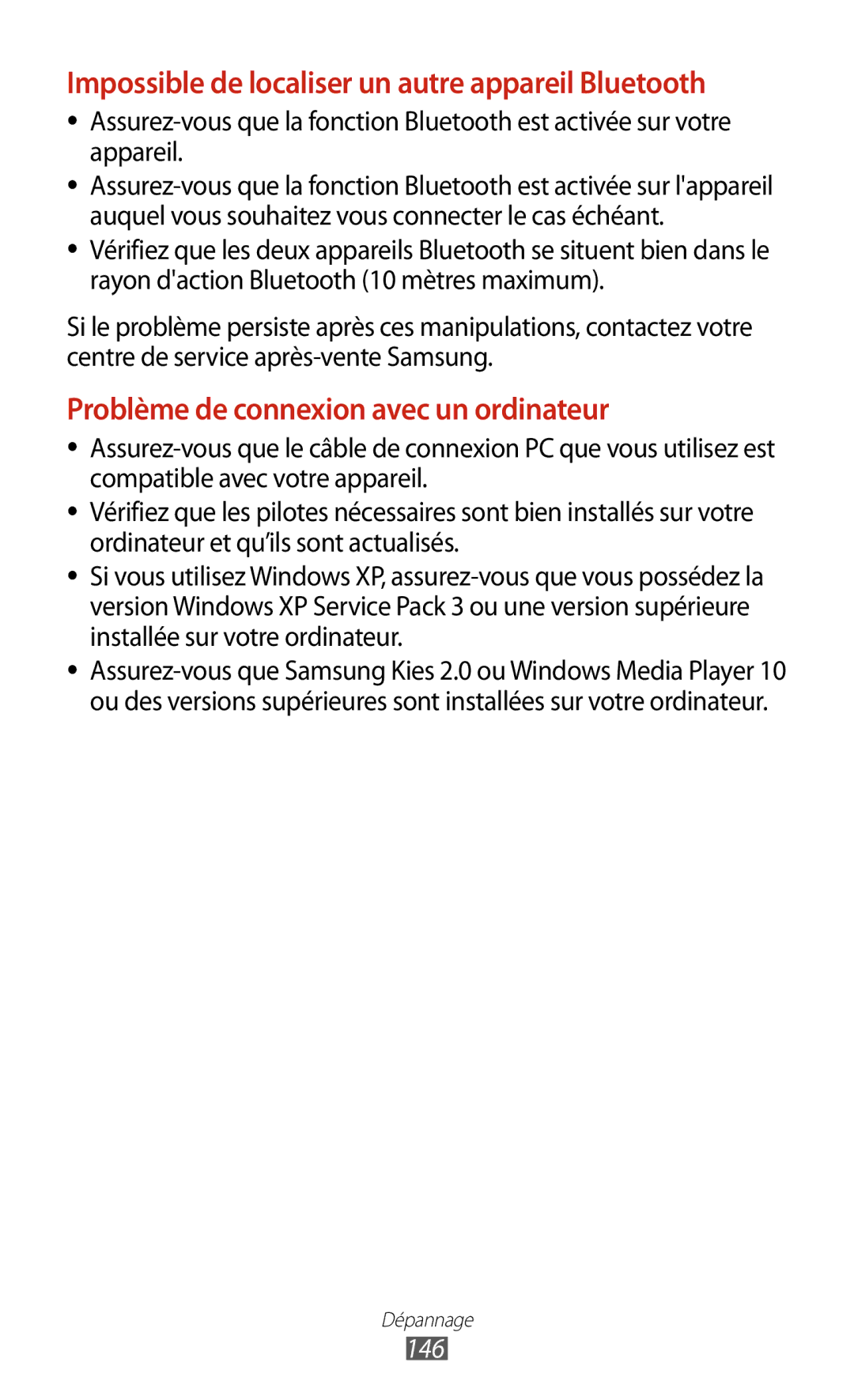 Samsung GT-S7560UWASFR, GT-S7560ZKALPM, GT-S7560UWABOG manual Impossible de localiser un autre appareil Bluetooth, 146 