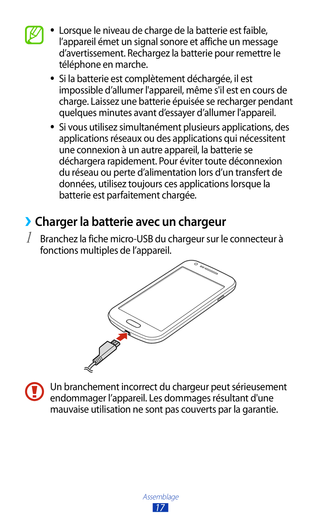 Samsung GT-S7560ZKASFR, GT-S7560ZKALPM, GT-S7560UWABOG, GT-S7560UWASFR, GT-S7560ZKAFTM ››Charger la batterie avec un chargeur 