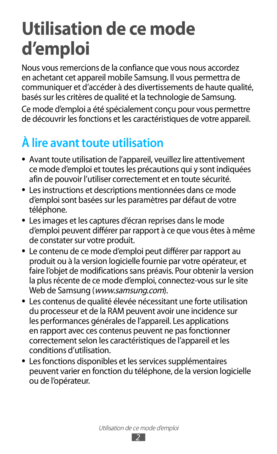 Samsung GT-S7560UWASFR, GT-S7560ZKALPM, GT-S7560UWABOG manual Utilisation de ce mode d’emploi, Lire avant toute utilisation 