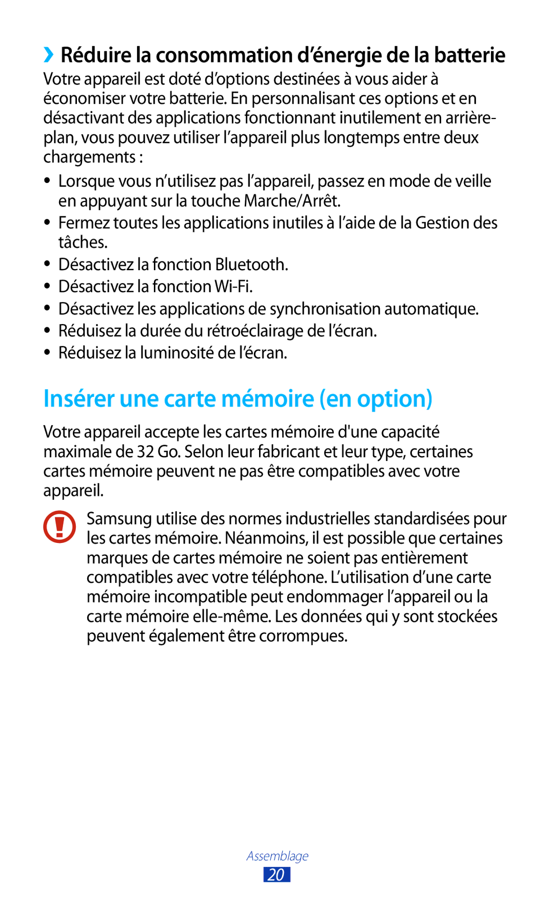 Samsung GT-S7560UWASFR, GT-S7560ZKALPM manual Insérer une carte mémoire en option, Réduisez la luminosité de l’écran 