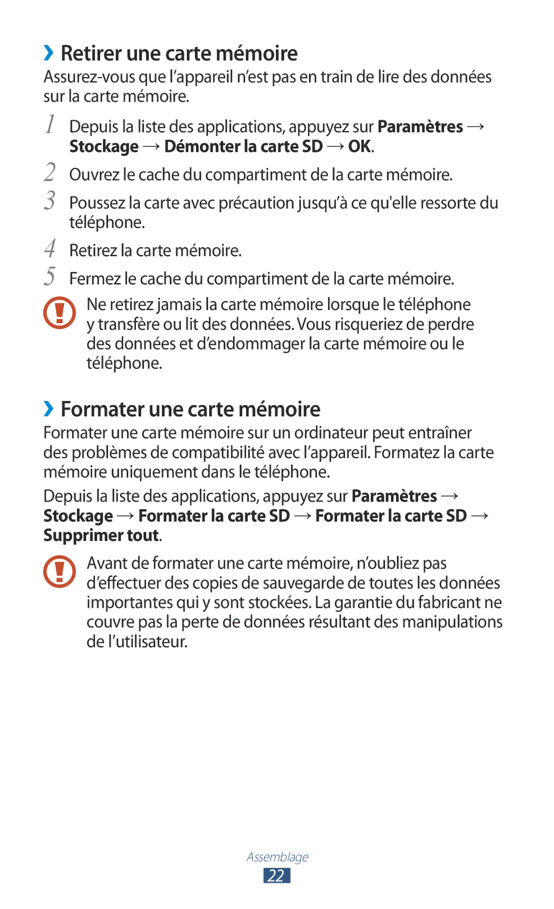 Samsung GT-S7560UWAXEF, GT-S7560ZKALPM, GT-S7560UWABOG manual ››Retirer une carte mémoire, ››Formater une carte mémoire 