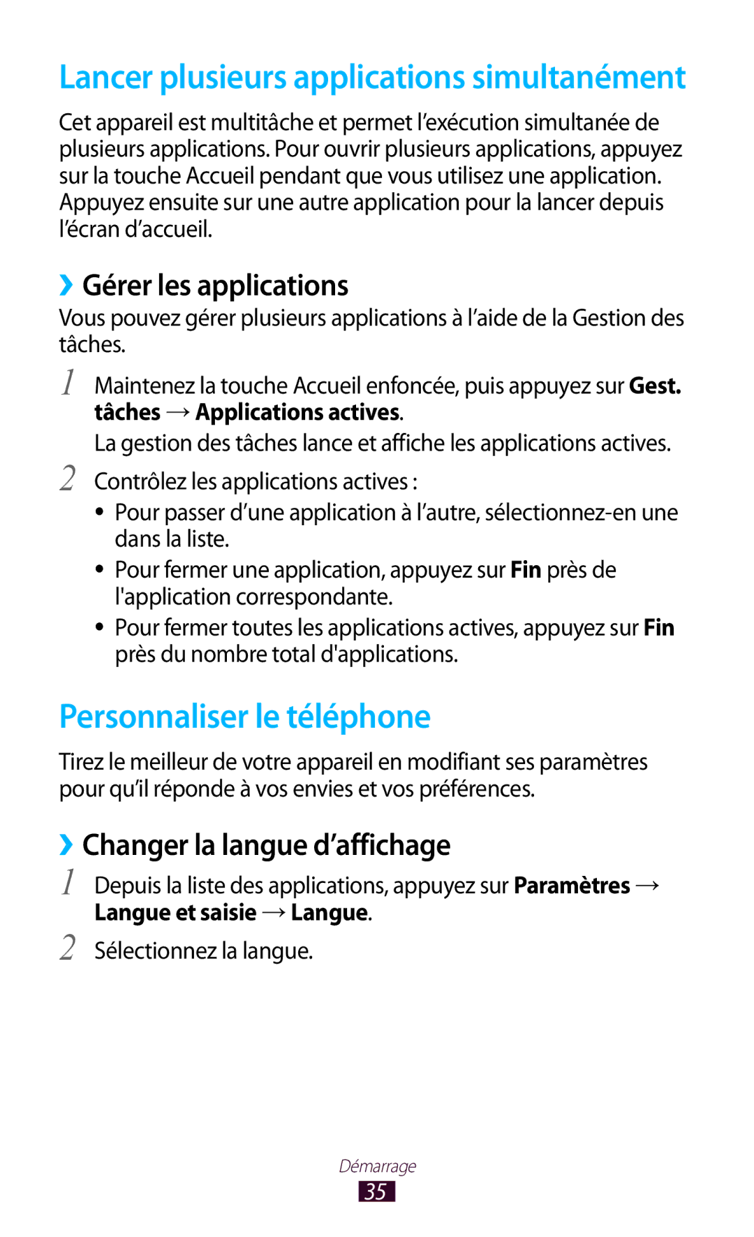 Samsung GT-S7560ZKASFR manual Personnaliser le téléphone, ››Gérer les applications, ››Changer la langue d’affichage 