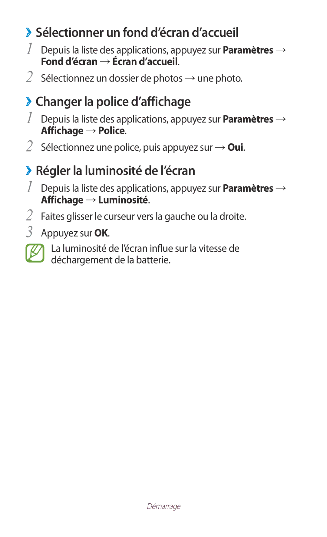 Samsung GT-S7560UWABOG, GT-S7560ZKALPM manual ››Sélectionner un fond d’écran d’accueil, ››Changer la police d’affichage 