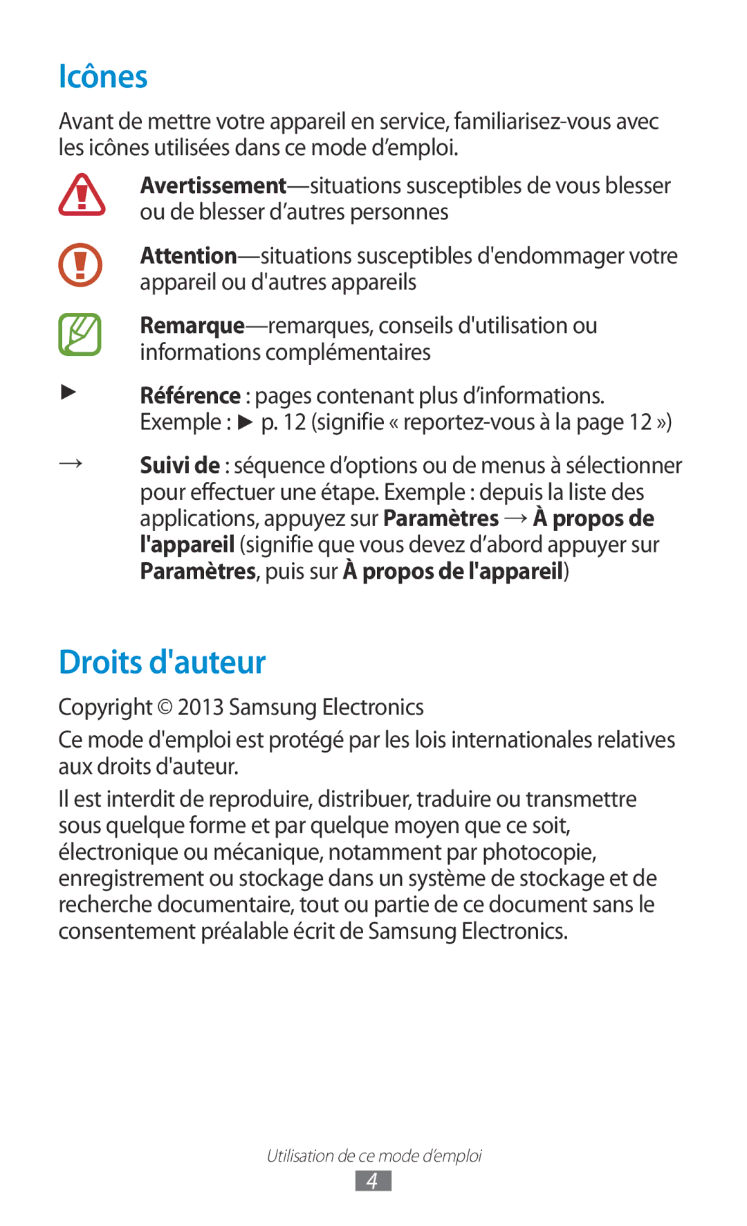 Samsung GT-S7560UWAXEF, GT-S7560ZKALPM manual Icônes, Droits dauteur, Référence pages contenant plus d’informations 