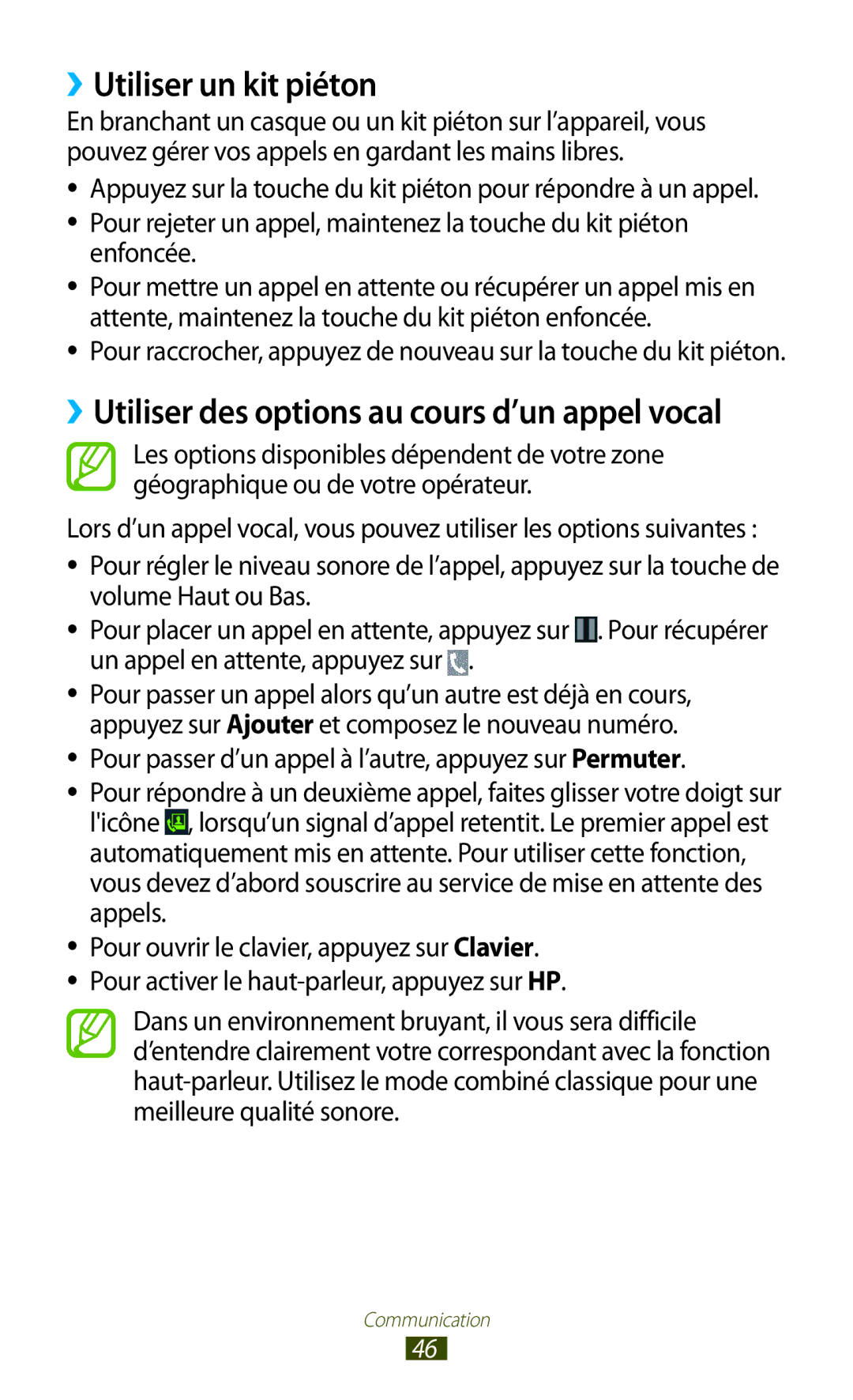 Samsung GT-S7560UWABOG, GT-S7560ZKALPM manual ››Utiliser un kit piéton, ››Utiliser des options au cours d’un appel vocal 