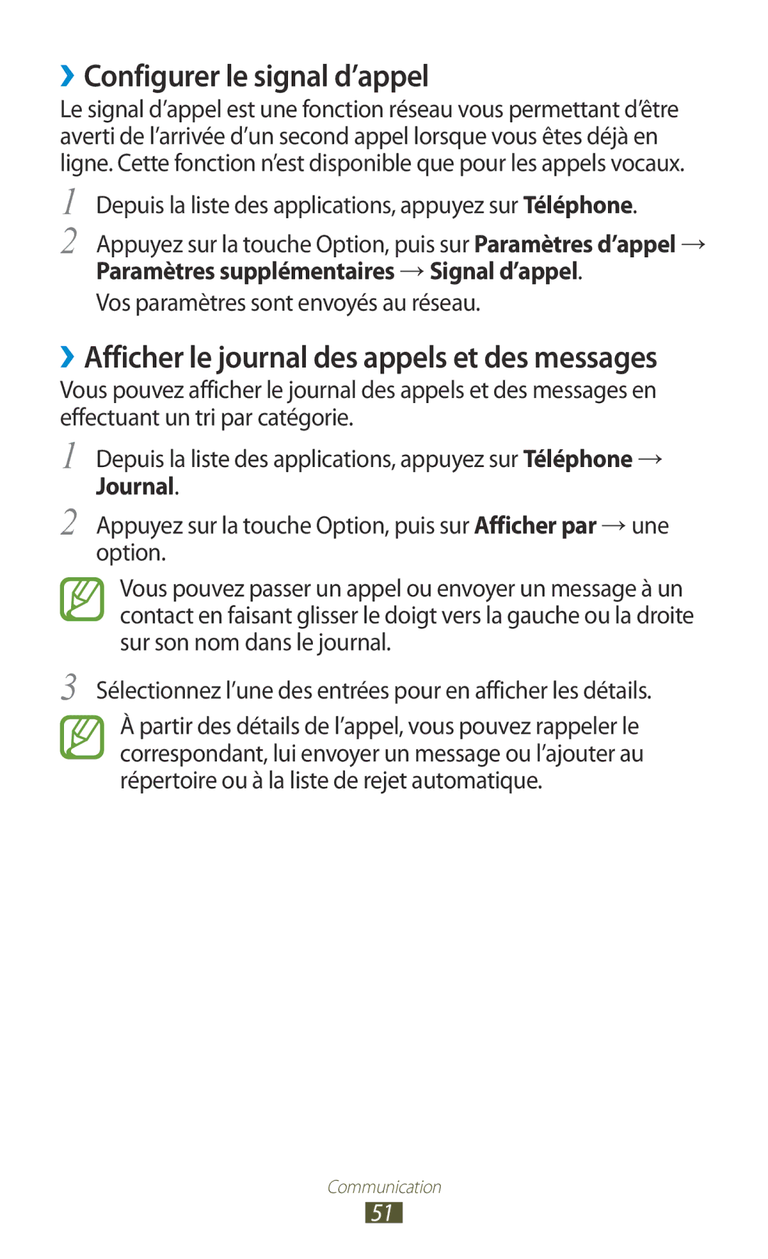 Samsung GT-S7560ZKABOG, GT-S7560ZKALPM, GT-S7560UWABOG, GT-S7560UWASFR manual ››Configurer le signal d’appel, Journal 