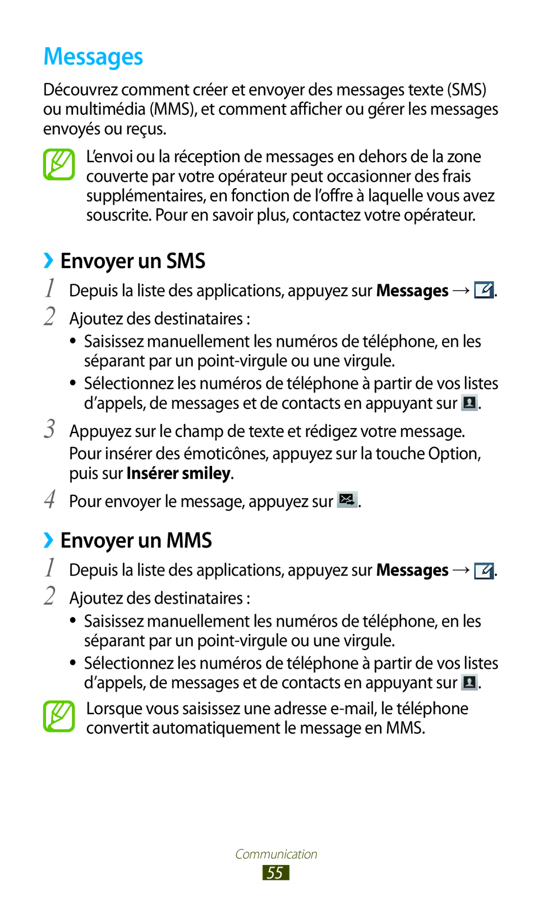 Samsung GT-S7560UWABOG, GT-S7560ZKALPM, GT-S7560UWASFR, GT-S7560ZKAFTM manual Messages, ››Envoyer un SMS, ››Envoyer un MMS 