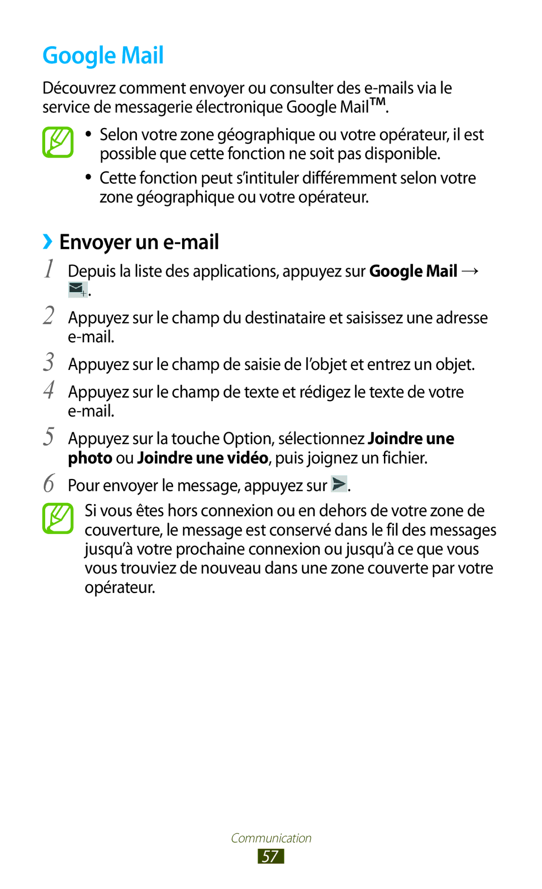 Samsung GT-S7560ZKAFTM, GT-S7560ZKALPM, GT-S7560UWABOG, GT-S7560UWASFR, GT-S7560UWAXEF manual Google Mail, ››Envoyer un e-mail 