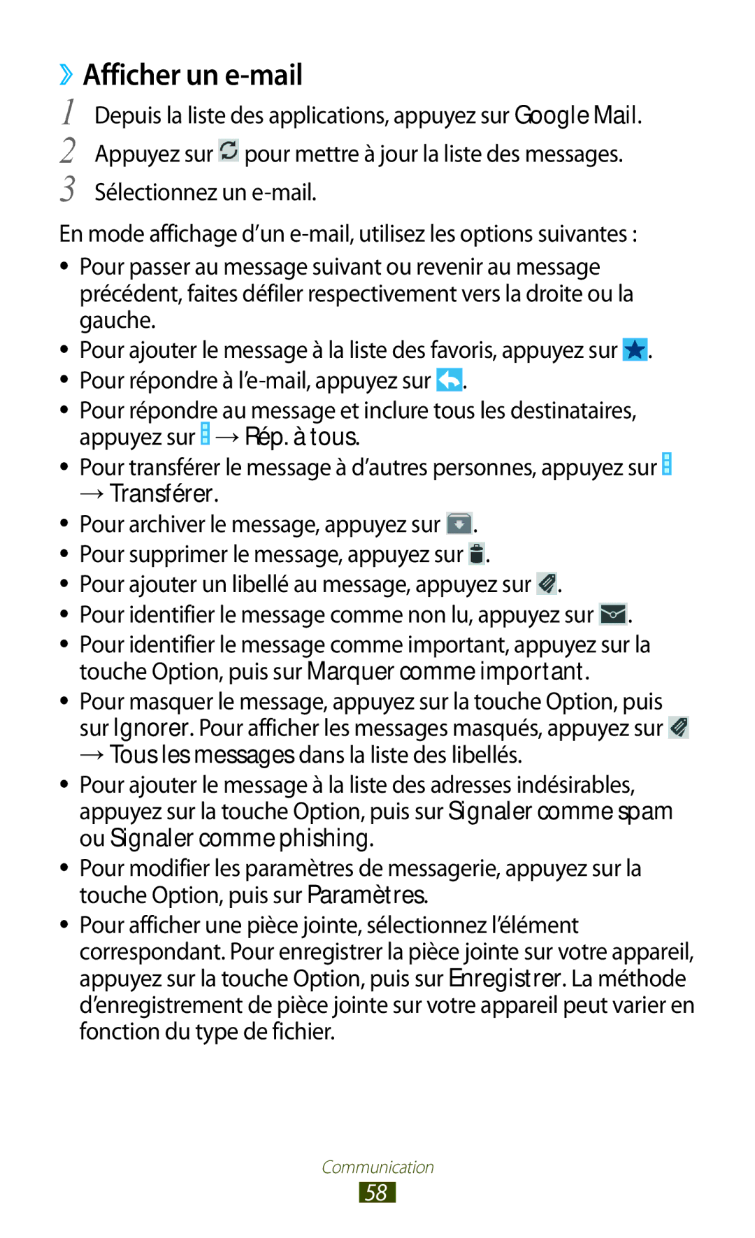 Samsung GT-S7560UWAXEF, GT-S7560ZKALPM ››Afficher un e-mail, → Transférer, → Tous les messages dans la liste des libellés 