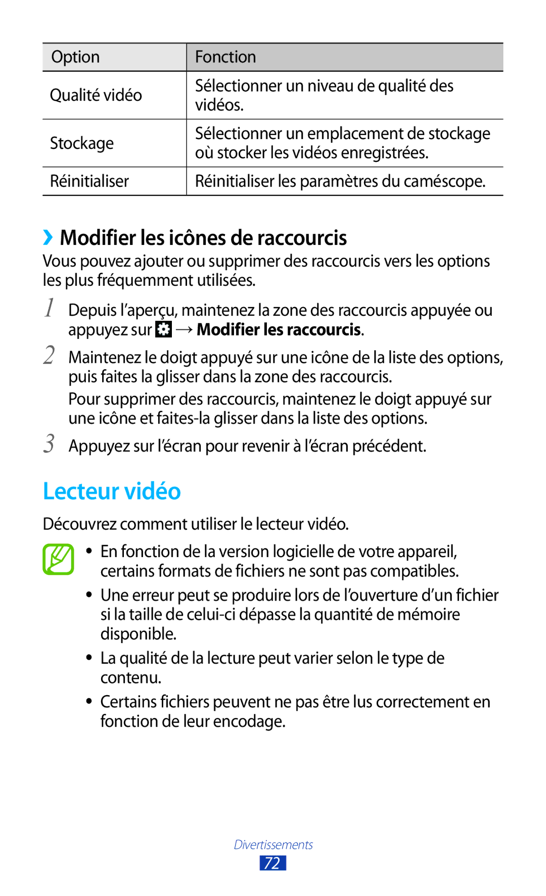 Samsung GT-S7560ZKALPM, GT-S7560UWABOG, GT-S7560UWASFR, GT-S7560ZKAFTM Lecteur vidéo, ››Modifier les icônes de raccourcis 