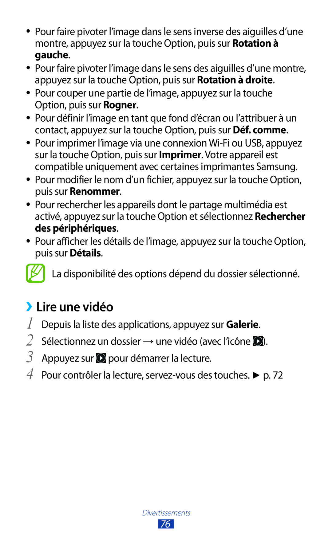 Samsung GT-S7560UWAXEF, GT-S7560ZKALPM, GT-S7560UWABOG manual La disponibilité des options dépend du dossier sélectionné 