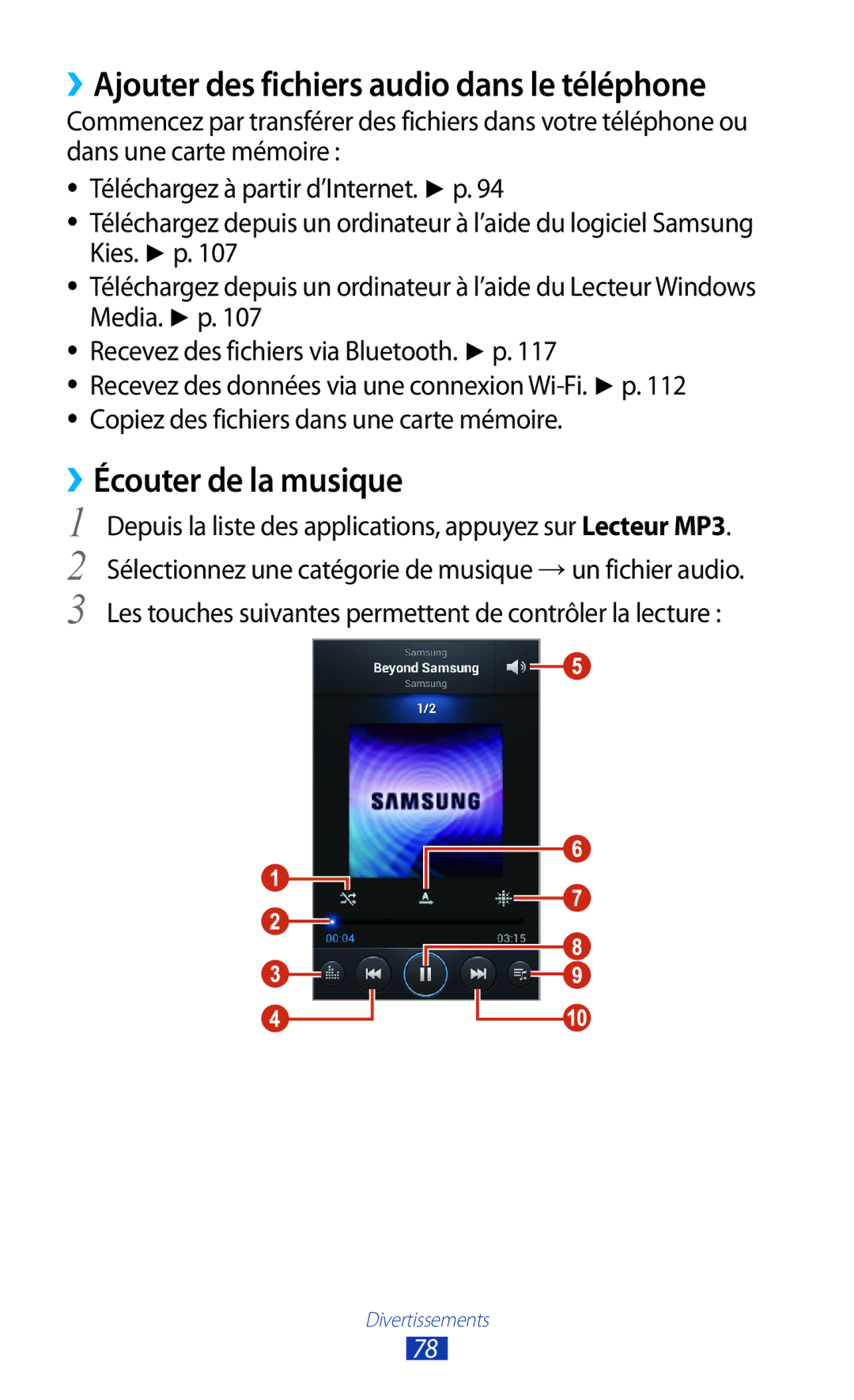 Samsung GT-S7560ZKABOG, GT-S7560ZKALPM manual ››Ajouter des fichiers audio dans le téléphone, ››Écouter de la musique 