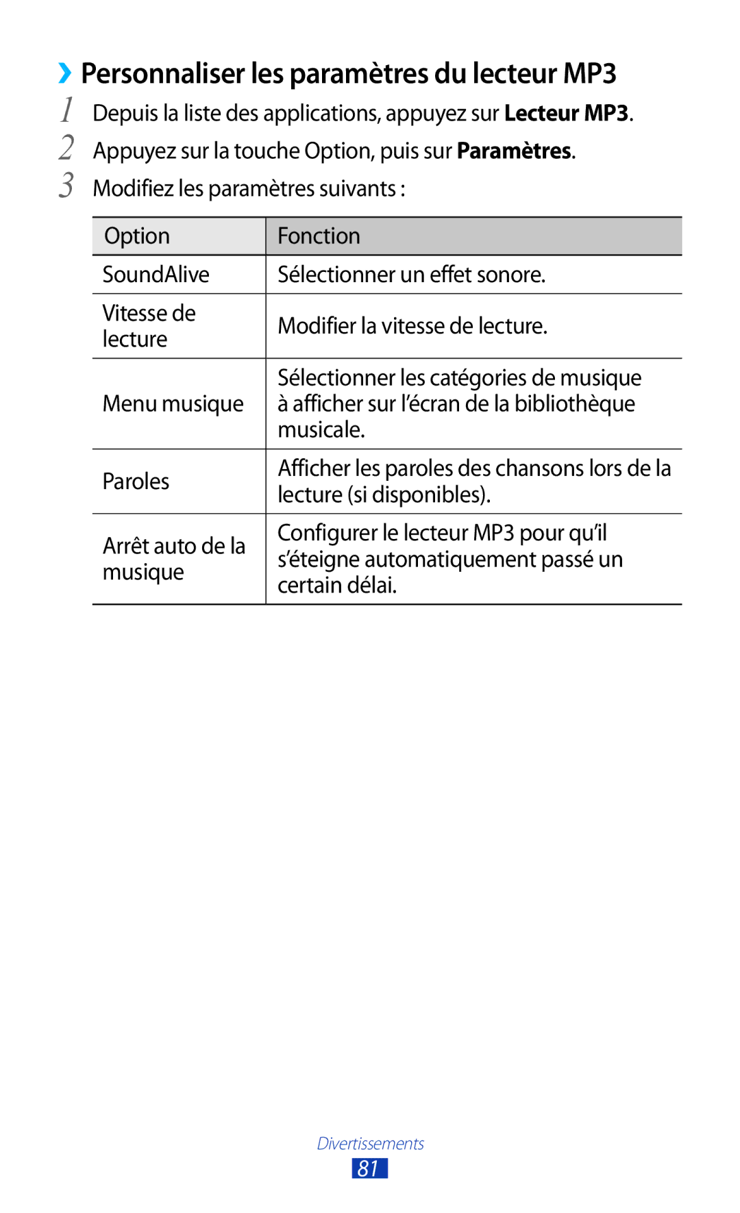 Samsung GT-S7560ZKALPM, GT-S7560UWABOG manual ››Personnaliser les paramètres du lecteur MP3, Menu musique, Musicale, Paroles 