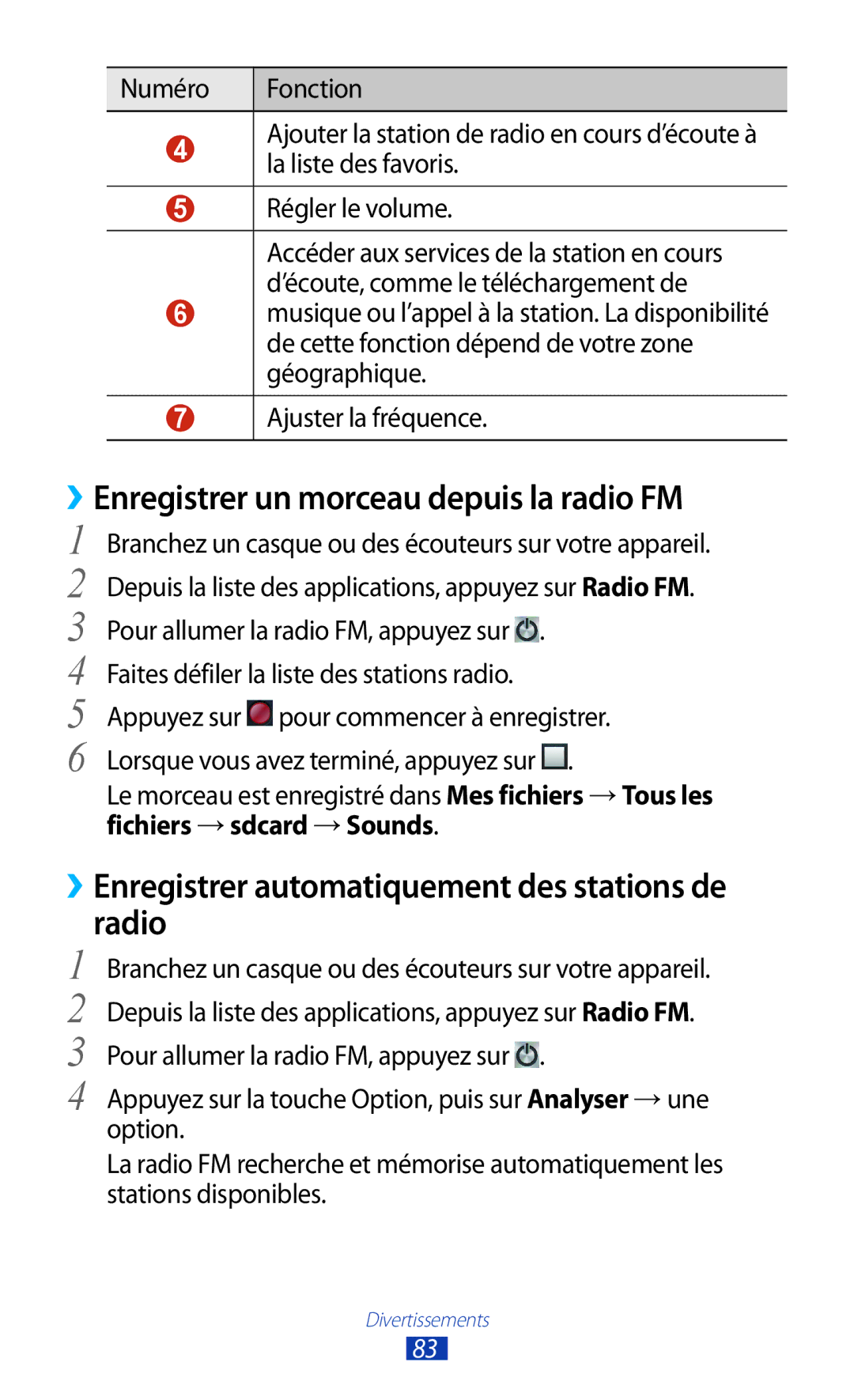 Samsung GT-S7560UWASFR ››Enregistrer un morceau depuis la radio FM, ››Enregistrer automatiquement des stations de Radio 