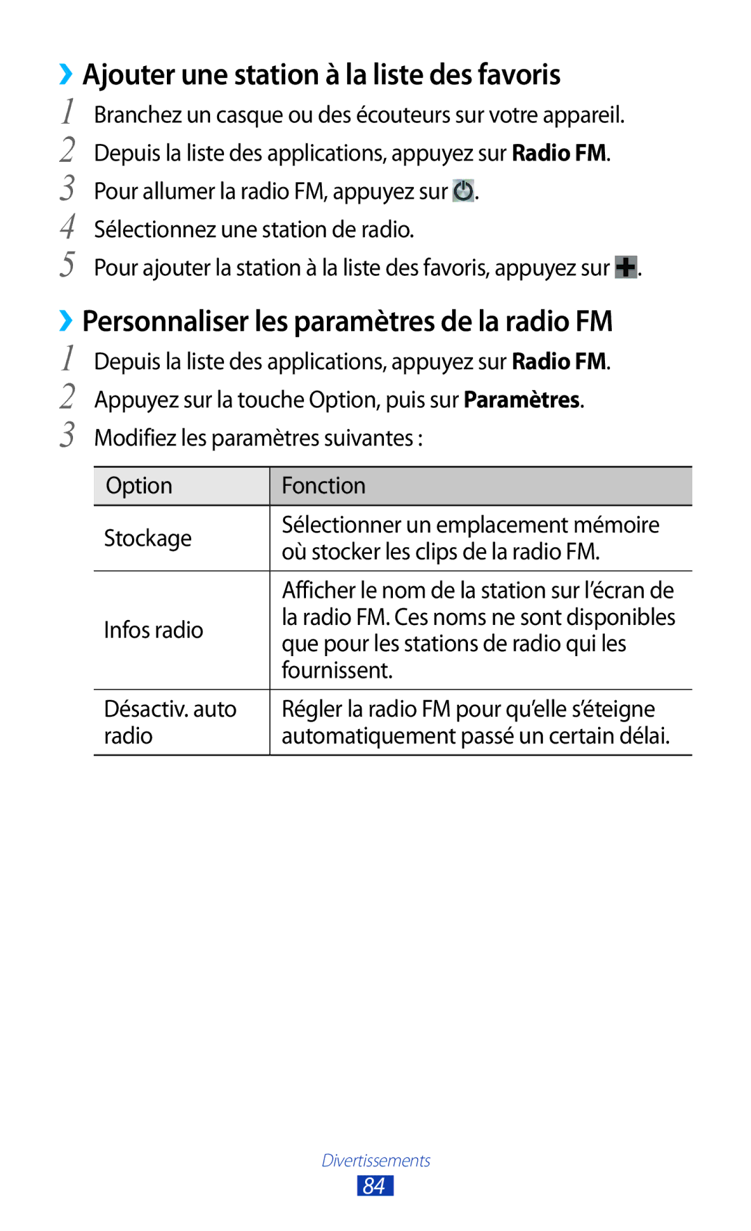 Samsung GT-S7560ZKAFTM manual ››Ajouter une station à la liste des favoris, ››Personnaliser les paramètres de la radio FM 