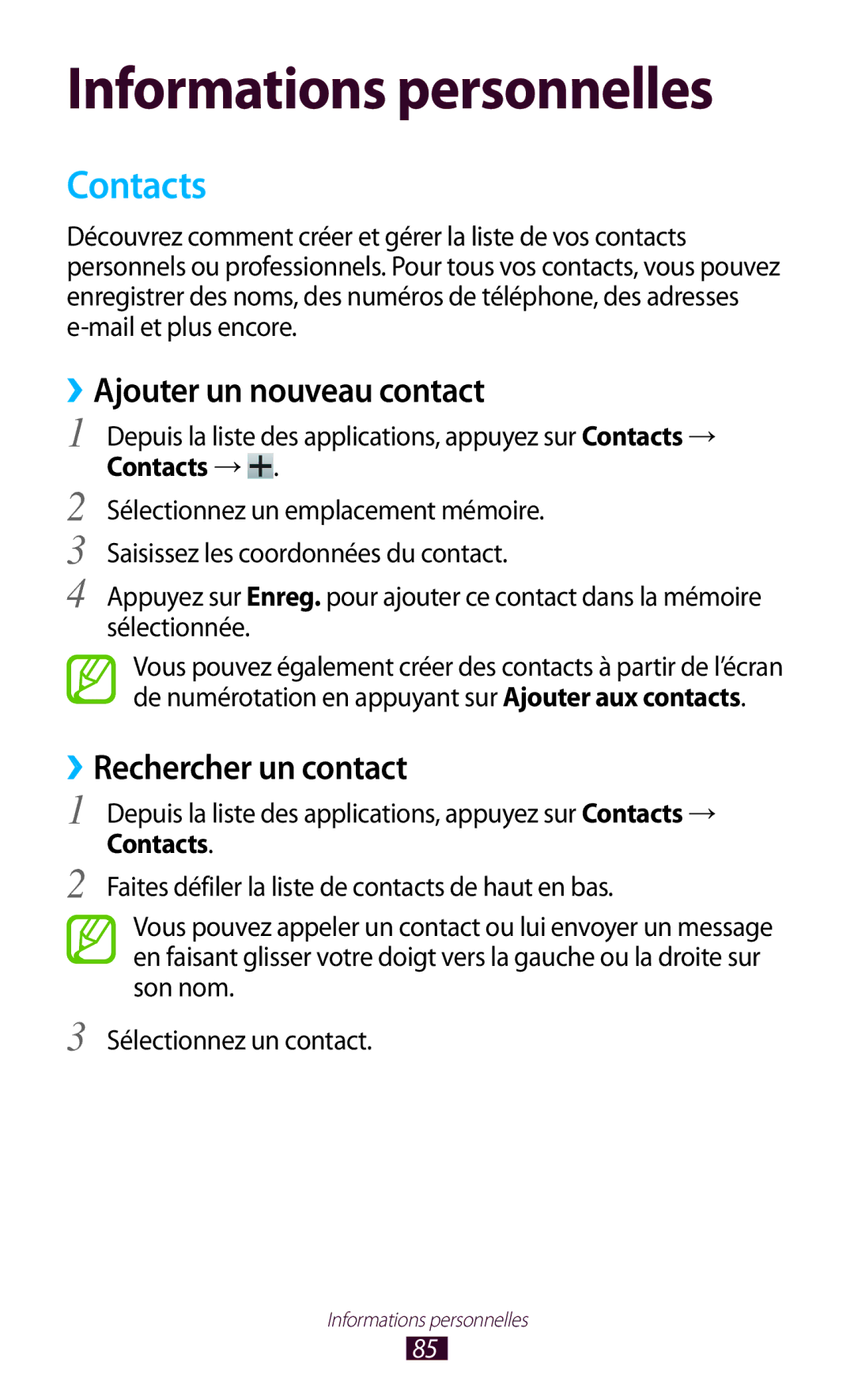 Samsung GT-S7560UWAXEF, GT-S7560ZKALPM, GT-S7560UWABOG manual Contacts, ››Ajouter un nouveau contact, ››Rechercher un contact 