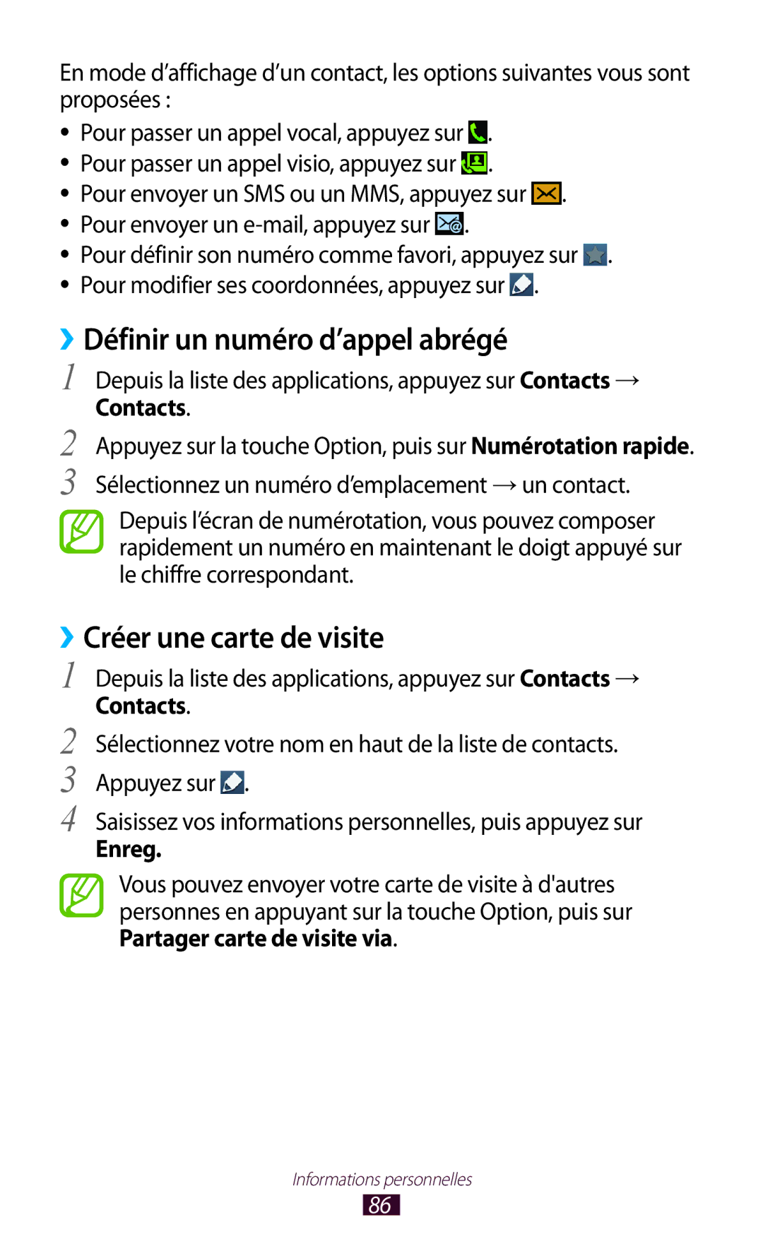 Samsung GT-S7560UWAFTM, GT-S7560ZKALPM ››Définir un numéro d’appel abrégé, ››Créer une carte de visite, Contacts, Enreg 