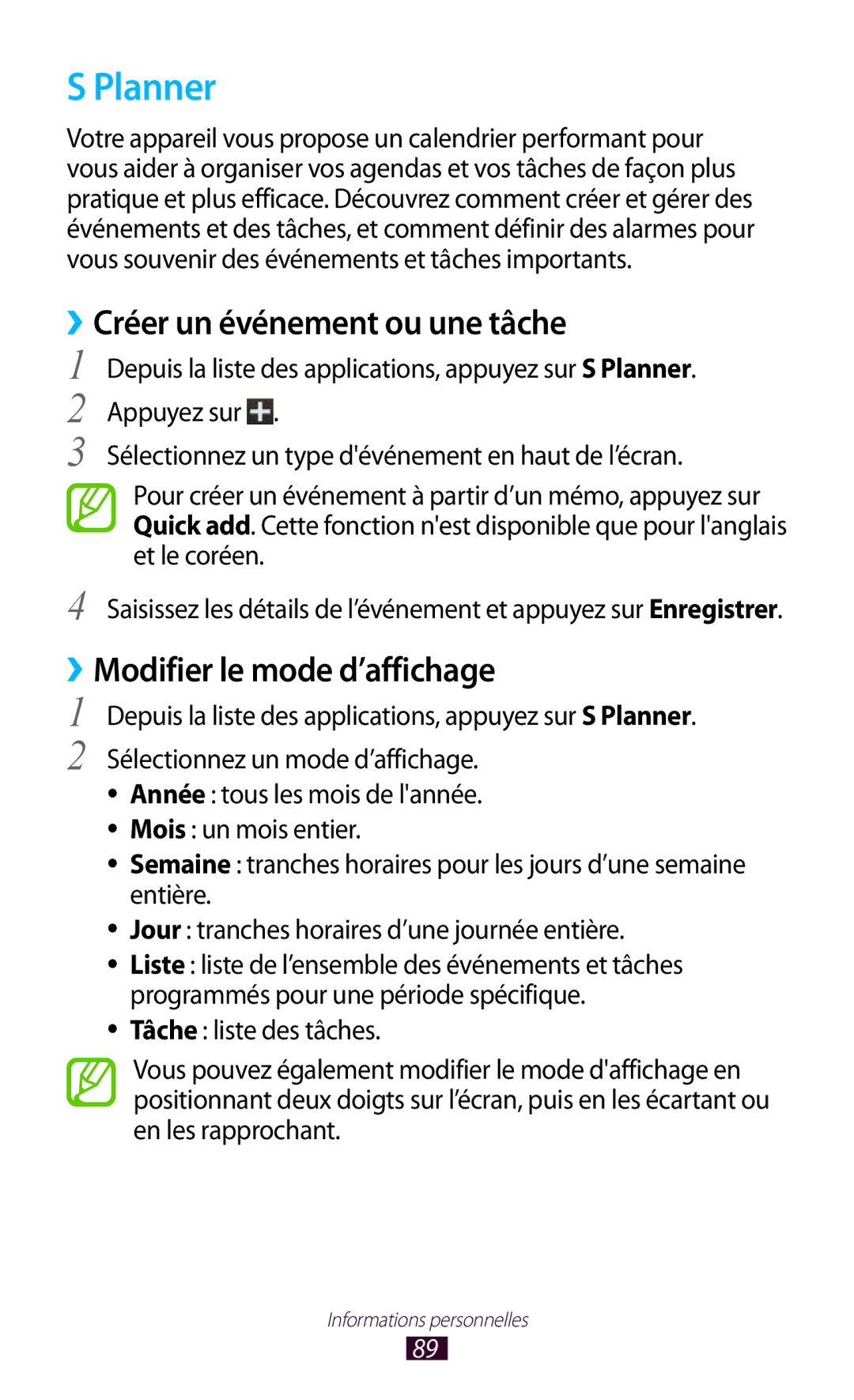 Samsung GT-S7560ZKASFR, GT-S7560ZKALPM manual Planner, ››Créer un événement ou une tâche, ››Modifier le mode d’affichage 