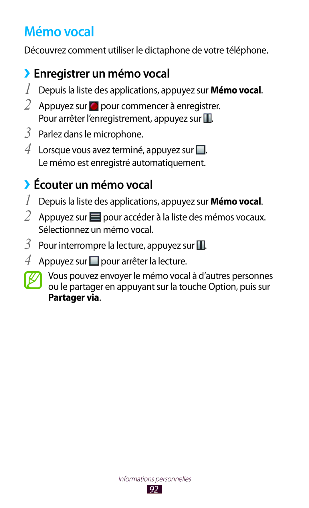 Samsung GT-S7560UWASFR, GT-S7560ZKALPM, GT-S7560UWABOG manual Mémo vocal, Enregistrer un mémo vocal, Écouter un mémo vocal 