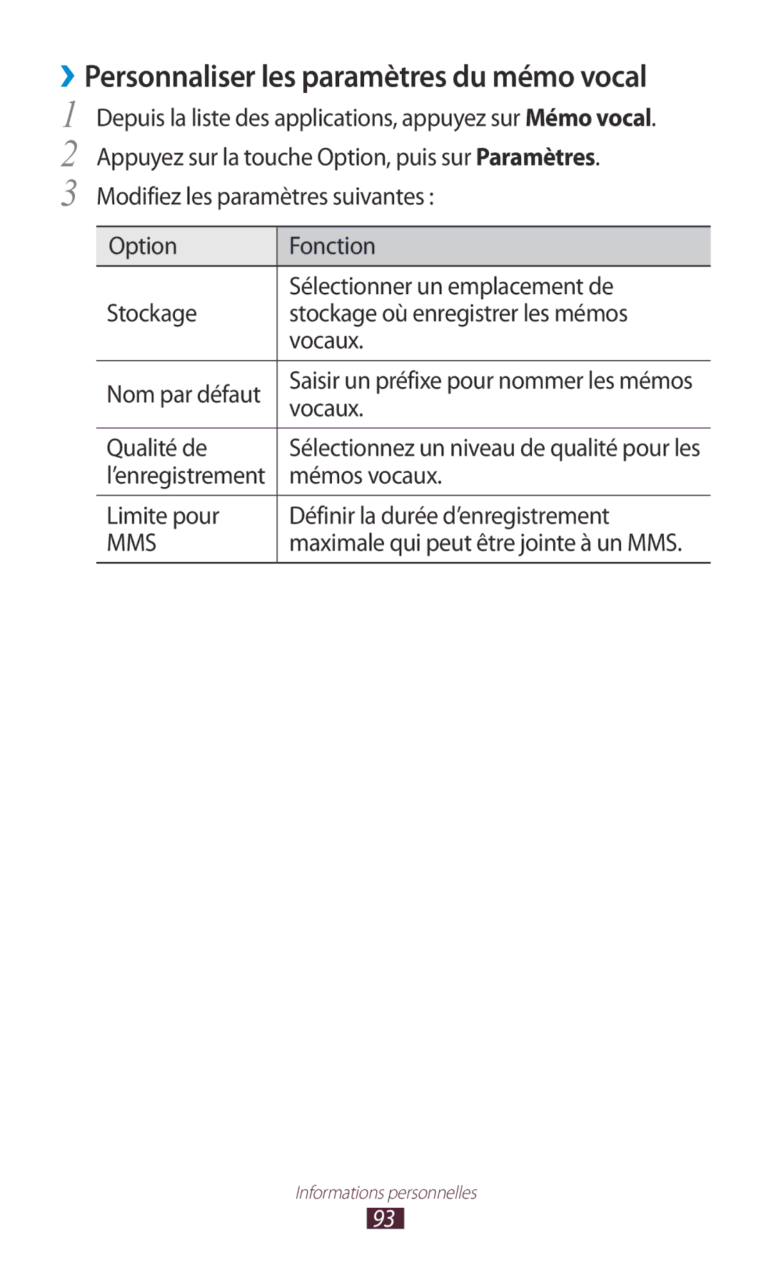 Samsung GT-S7560ZKAFTM, GT-S7560ZKALPM manual ››Personnaliser les paramètres du mémo vocal, Qualité de, Mémos vocaux 