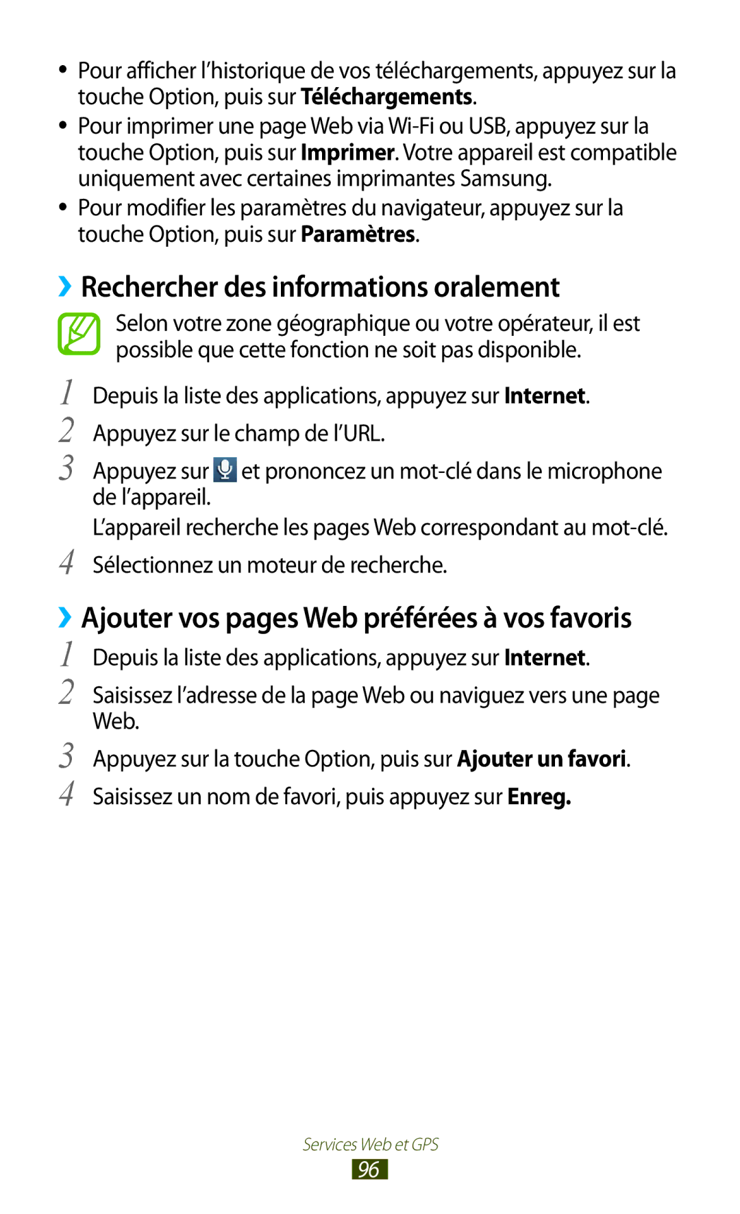 Samsung GT-S7560ZKABOG manual ››Rechercher des informations oralement, ››Ajouter vos pages Web préférées à vos favoris 