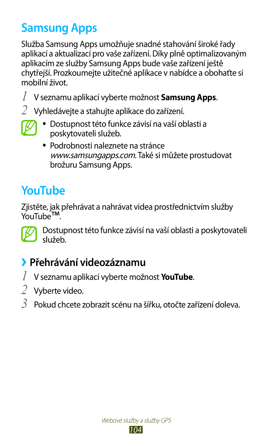 Samsung GT2S7560UWAETL, GT-S7560ZKAPRT, GT-S7560UWAPRT, GT-S7560ZKAXEO, GT-S7560ZKATPL manual Samsung Apps, YouTube, 104 