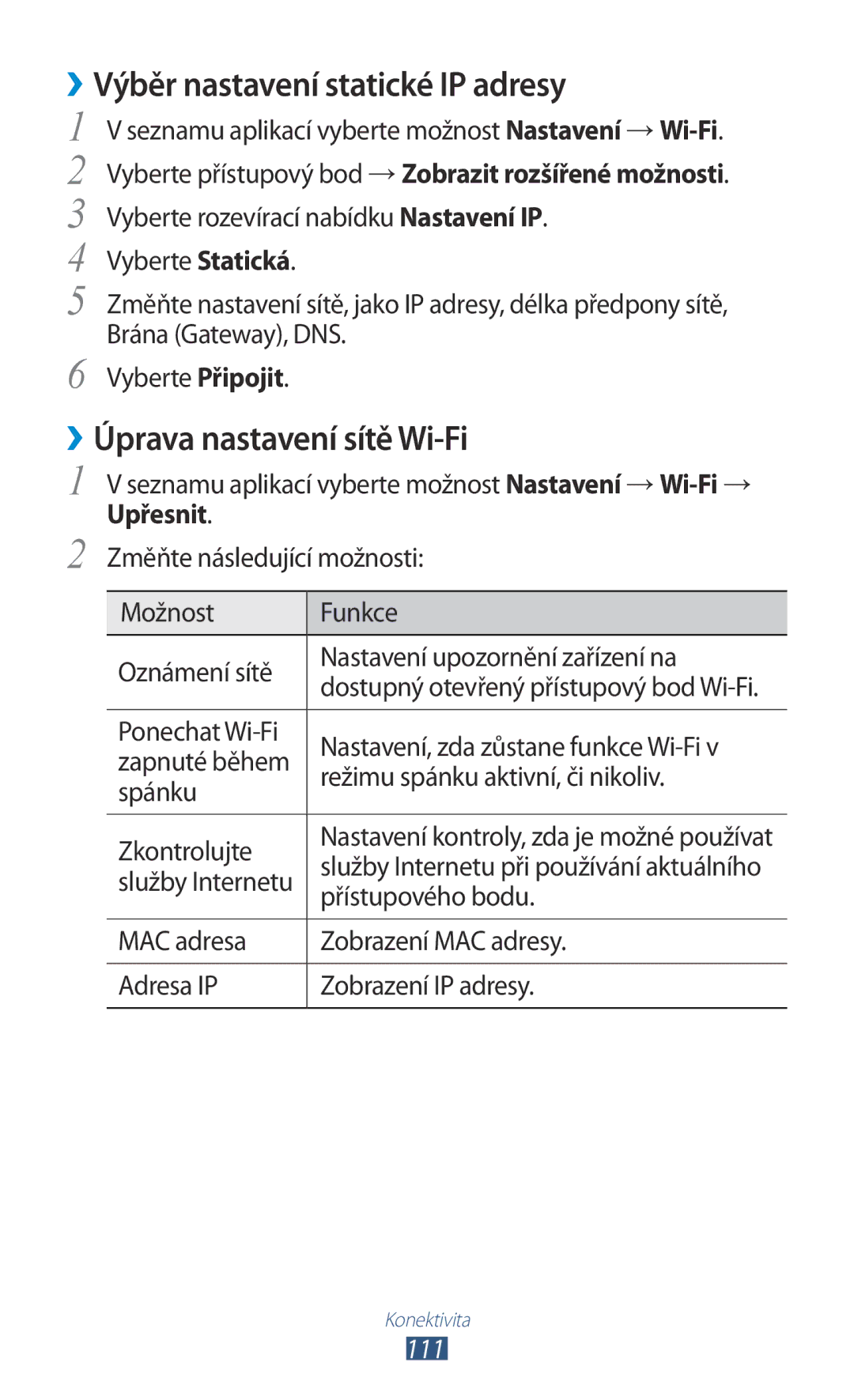 Samsung GT-S7560UWAETL, GT-S7560ZKAPRT manual ››Výběr nastavení statické IP adresy, ››Úprava nastavení sítě Wi-Fi, 111 