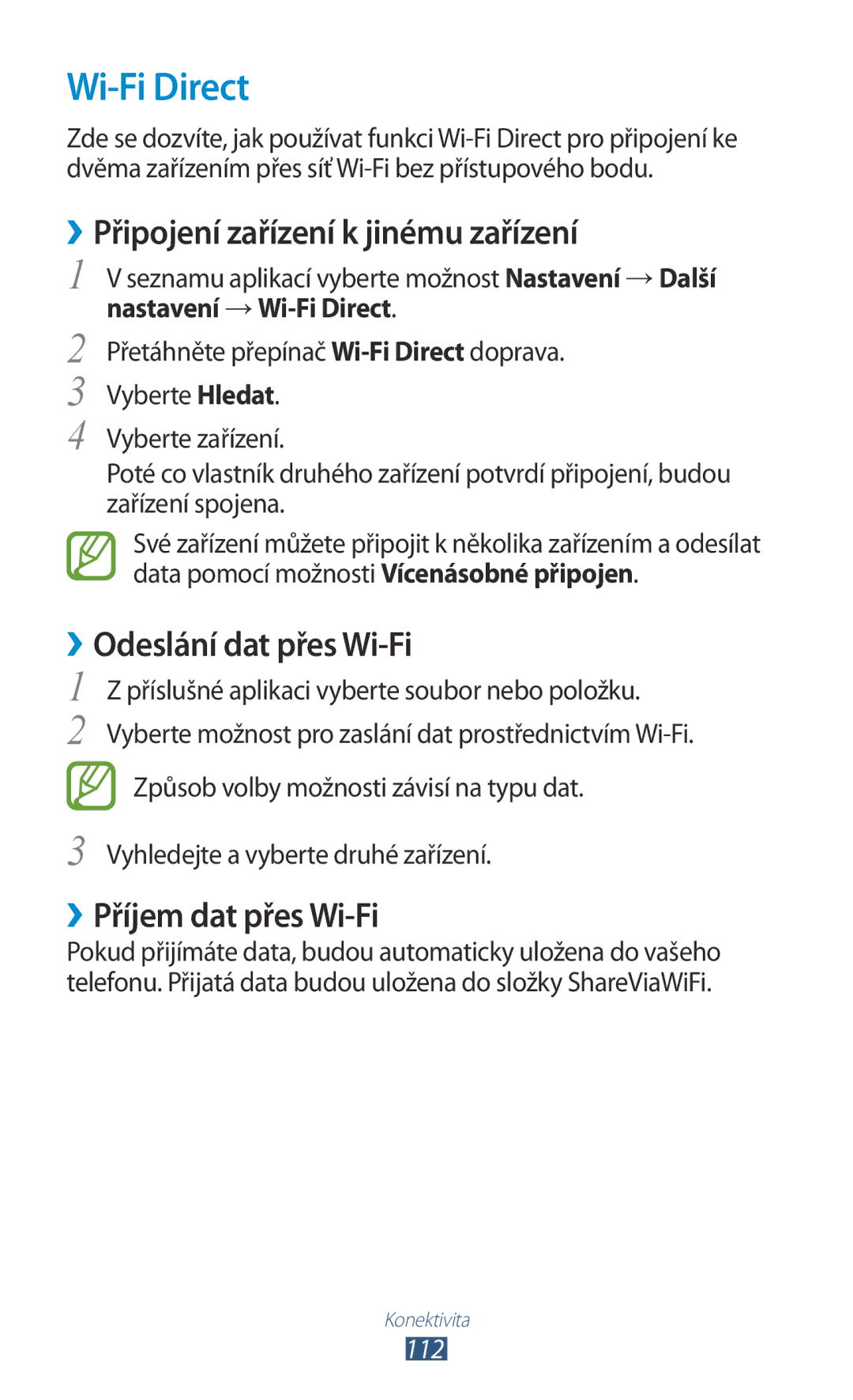 Samsung GT-S7560UWAXEO manual Wi-Fi Direct, ››Připojení zařízení k jinému zařízení, ››Odeslání dat přes Wi-Fi, 112 