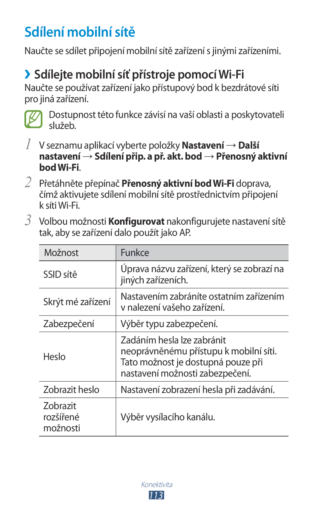 Samsung GT-S7560ZKAORX, GT-S7560ZKAPRT manual Sdílení mobilní sítě, ››Sdílejte mobilní síť přístroje pomocí Wi-Fi, 113 