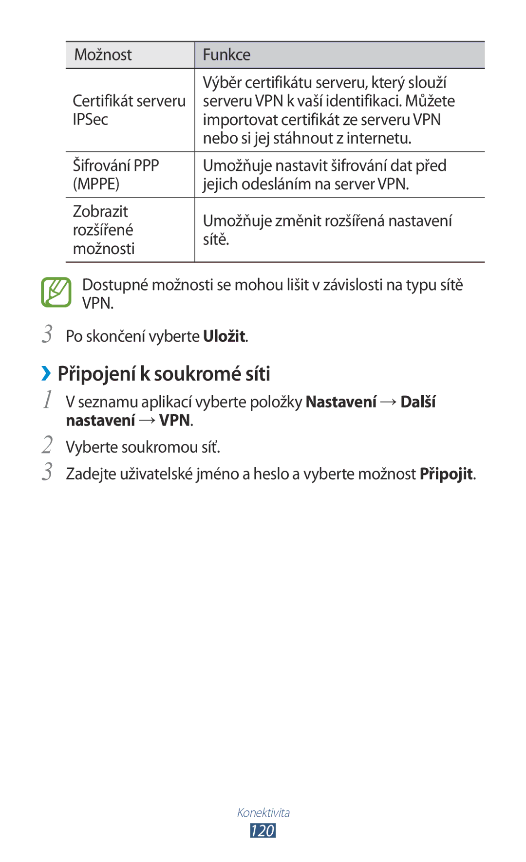 Samsung GT-S7560ZKAPLS manual ››Připojení k soukromé síti, Možnost Funkce, Výběr certifikátu serveru, který slouží, 120 