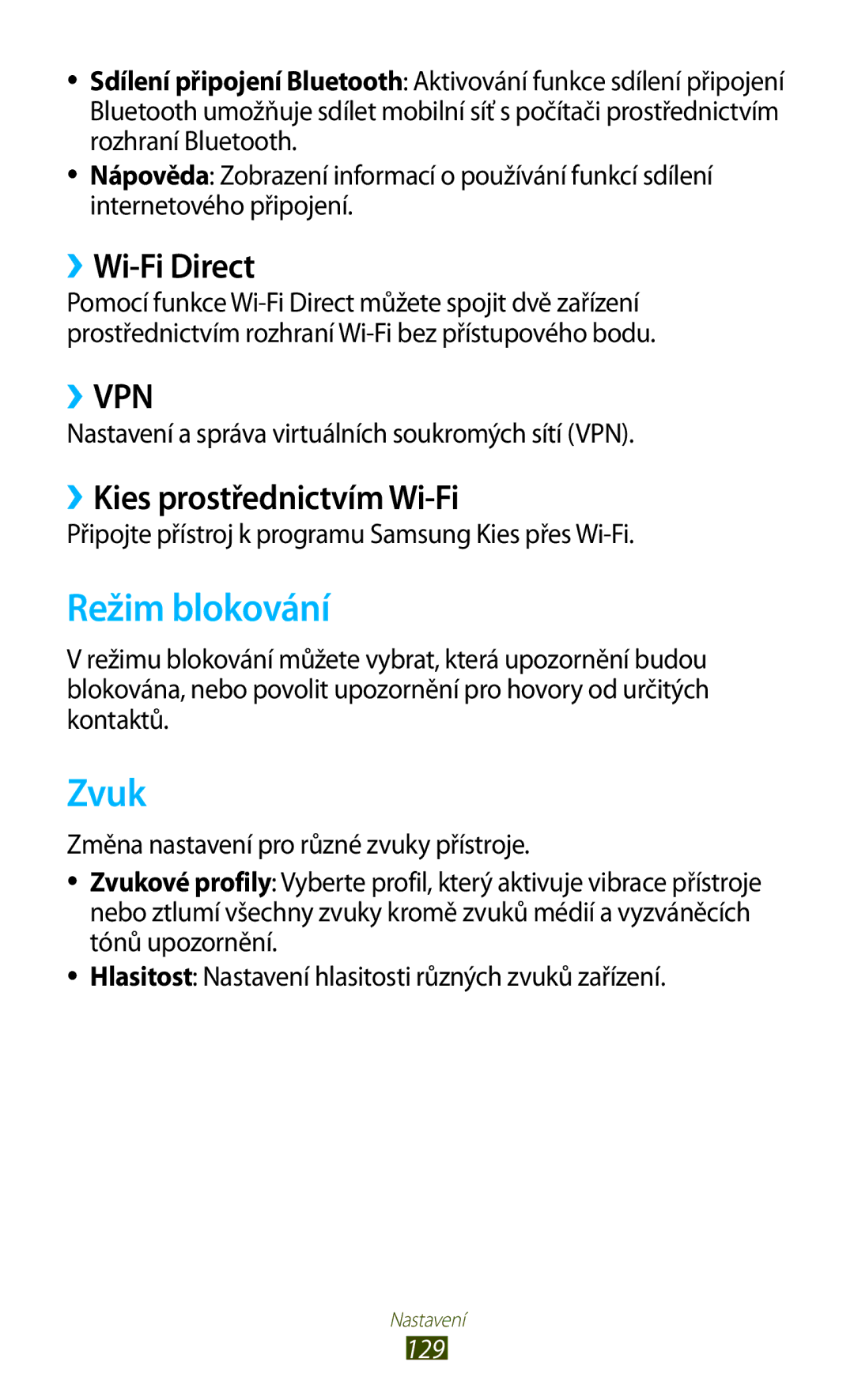 Samsung GT2S7560ZKAO2C, GT-S7560ZKAPRT manual Režim blokování, Zvuk, ››Wi-Fi Direct, ››Kies prostřednictvím Wi-Fi, 129 