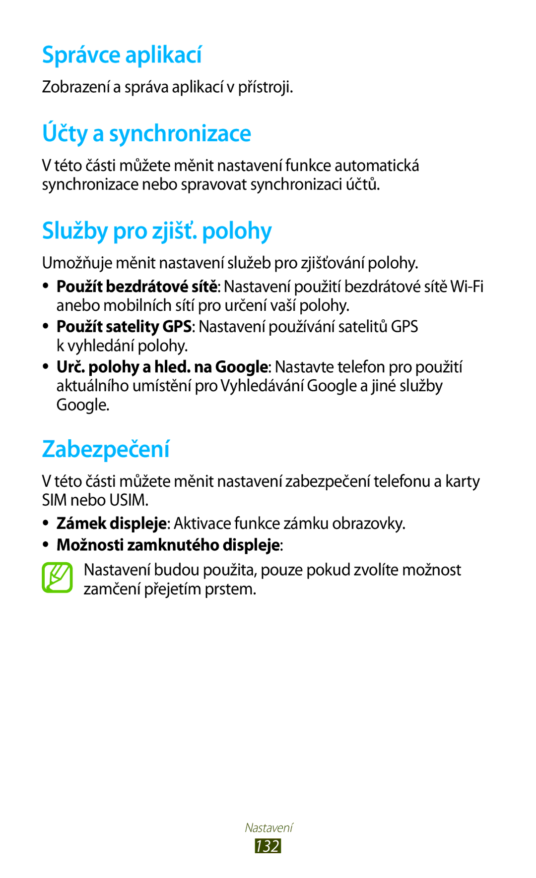 Samsung GT-S7560ZKAORX, GT-S7560ZKAPRT Správce aplikací, Účty a synchronizace, Služby pro zjišť. polohy, Zabezpečení, 132 